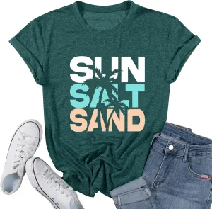 Summer Beach Graphic Tees for Women Sun Salt Sand Shirts Palm Tree Sunset Casual Vacation Tops