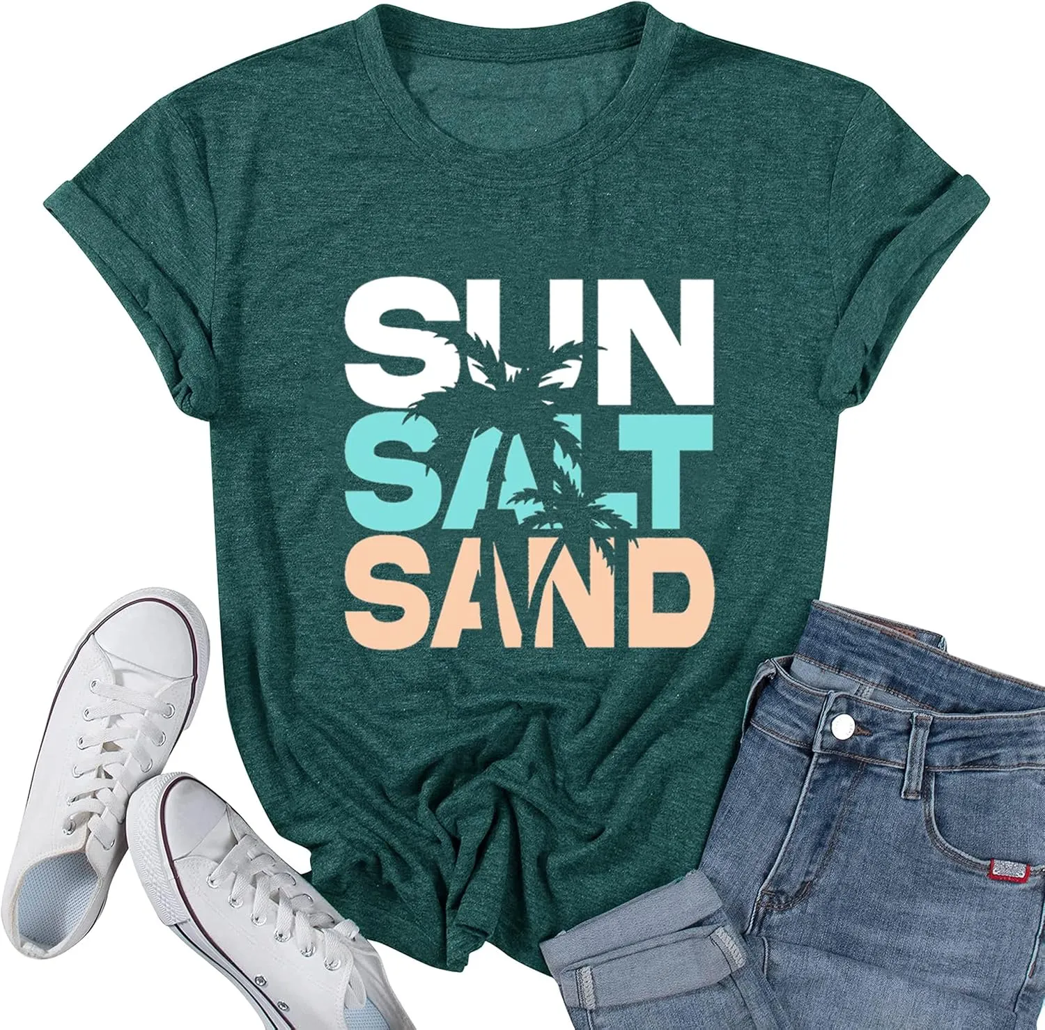 Summer Beach Graphic Tees for Women Sun Salt Sand Shirts Palm Tree Sunset Casual Vacation Tops