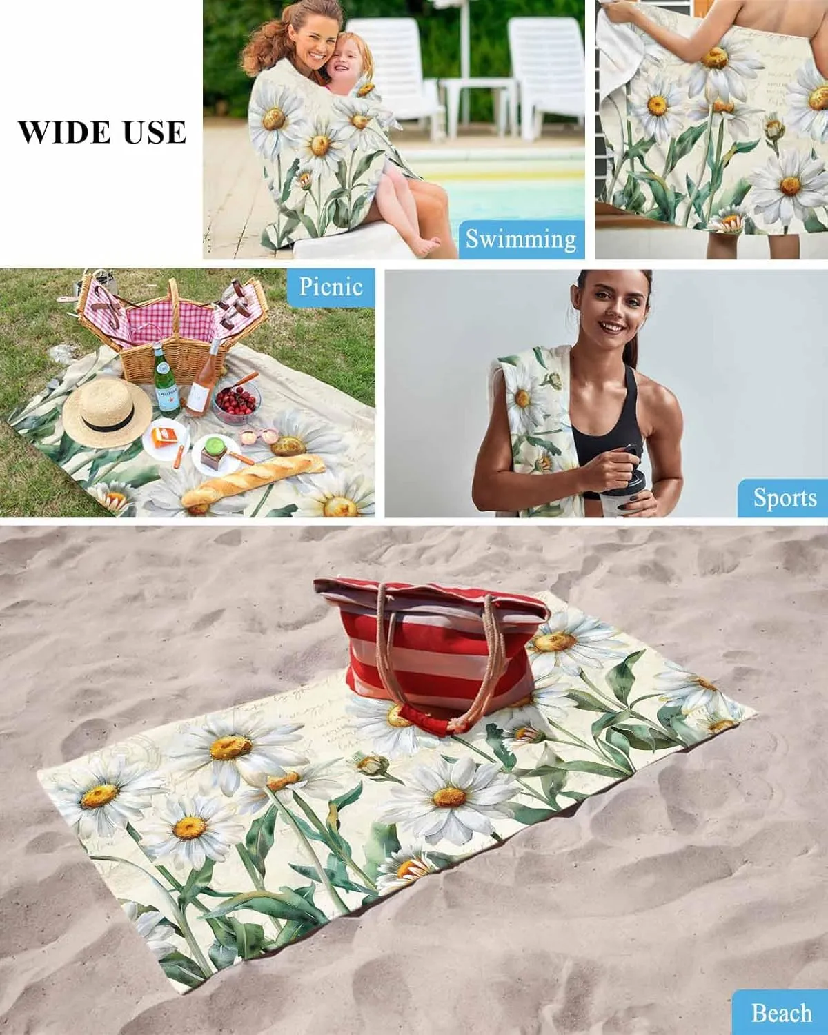 Summer Beach Towel 35"x70" Microfiber Beach Towels Oversized Sand Free Quick Dry Beach Towel/Bath Towels/Yoga Towel/Pool Towels/Travel Towel for Women Men Girls Kids-Flowers Daisy White