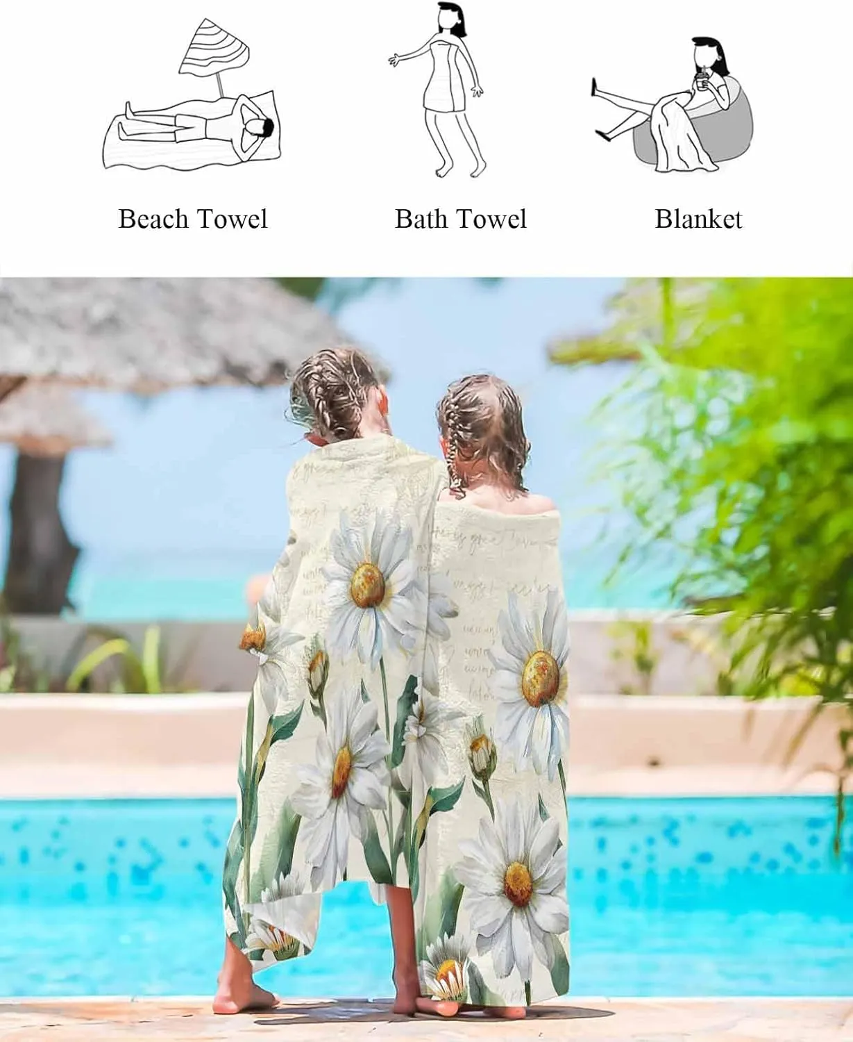 Summer Beach Towel 35"x70" Microfiber Beach Towels Oversized Sand Free Quick Dry Beach Towel/Bath Towels/Yoga Towel/Pool Towels/Travel Towel for Women Men Girls Kids-Flowers Daisy White