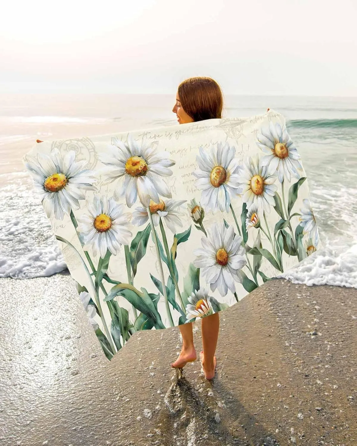 Summer Beach Towel 35"x70" Microfiber Beach Towels Oversized Sand Free Quick Dry Beach Towel/Bath Towels/Yoga Towel/Pool Towels/Travel Towel for Women Men Girls Kids-Flowers Daisy White