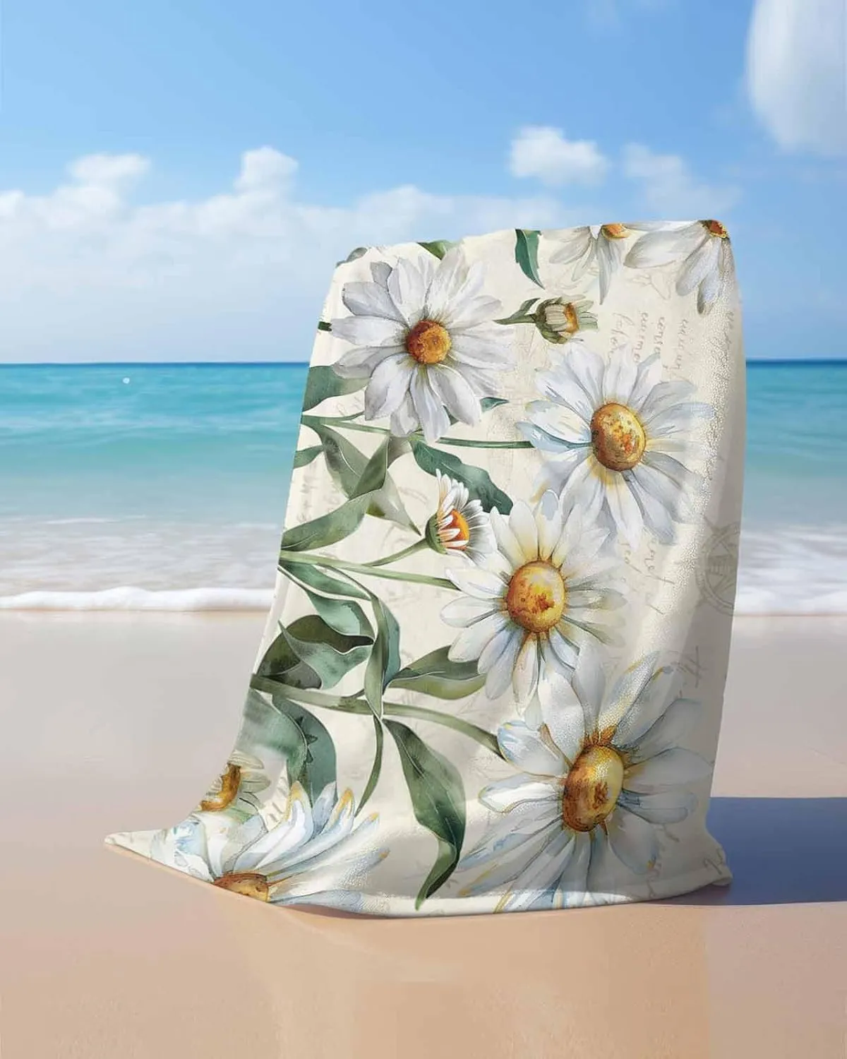 Summer Beach Towel 35"x70" Microfiber Beach Towels Oversized Sand Free Quick Dry Beach Towel/Bath Towels/Yoga Towel/Pool Towels/Travel Towel for Women Men Girls Kids-Flowers Daisy White