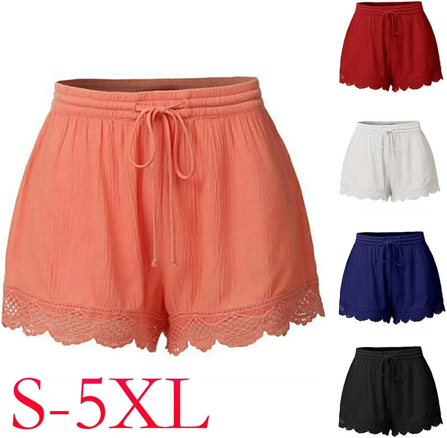 Summer Casual Shorts for Women Lace Trim Comfy Pajama Bottoms Elastic Waist Drawstring Loose Yoga Lounge Short Pants