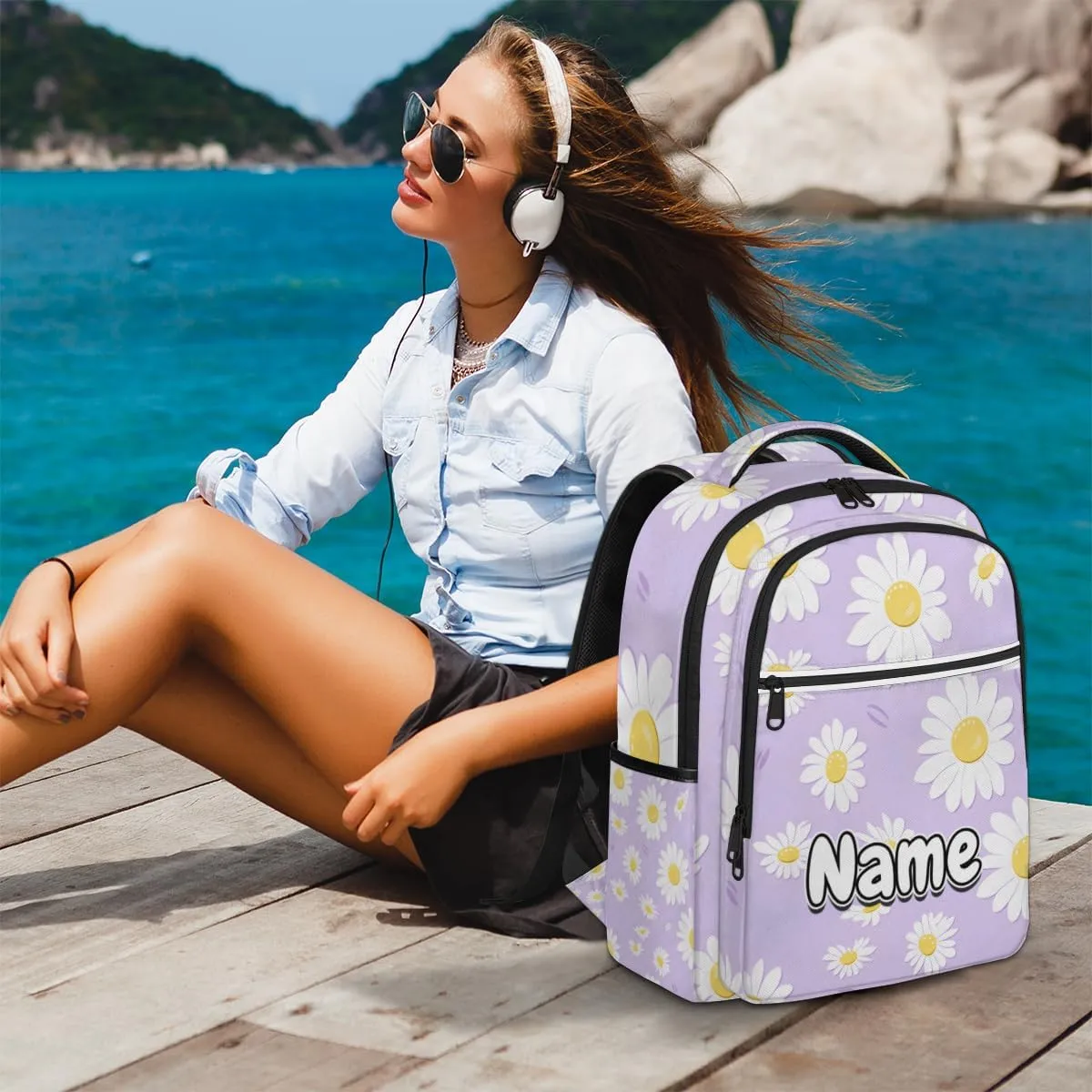 Summer Daisy Flowers Personalized Laptop Backpack with Name Custom Shoulder Bags for Women Men Waterproof Travel Casual Daypack Laptop Bag Gifts 16.1in