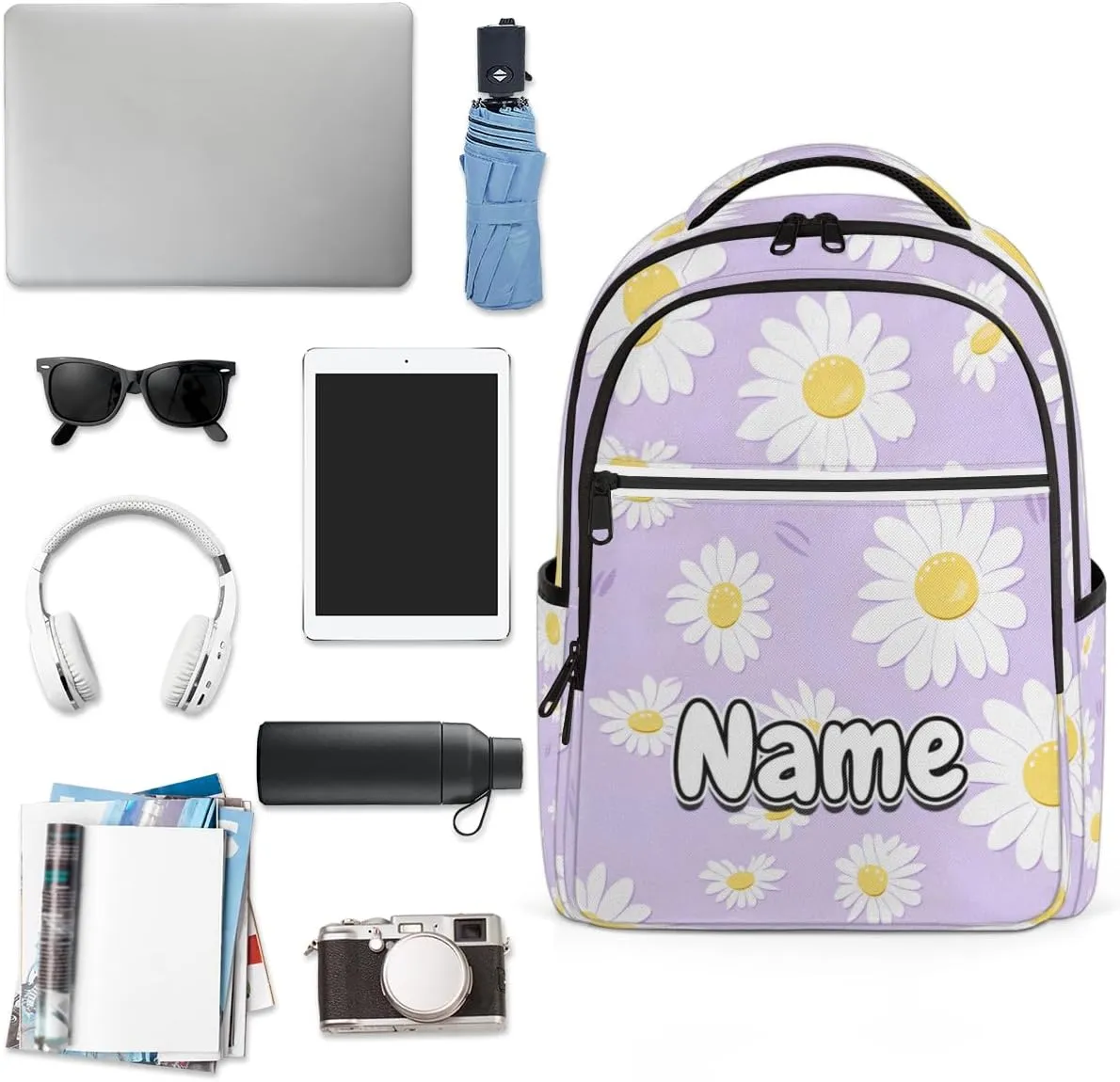 Summer Daisy Flowers Personalized Laptop Backpack with Name Custom Shoulder Bags for Women Men Waterproof Travel Casual Daypack Laptop Bag Gifts 16.1in