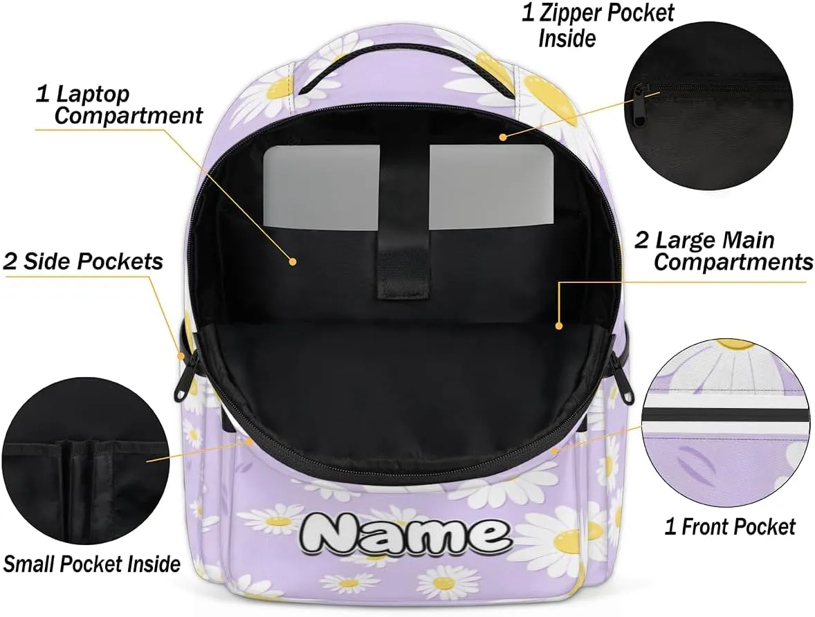 Summer Daisy Flowers Personalized Laptop Backpack with Name Custom Shoulder Bags for Women Men Waterproof Travel Casual Daypack Laptop Bag Gifts 16.1in