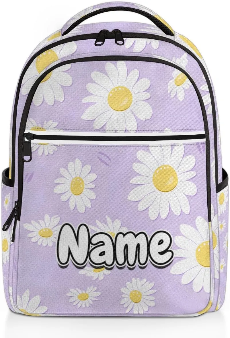 Summer Daisy Flowers Personalized Laptop Backpack with Name Custom Shoulder Bags for Women Men Waterproof Travel Casual Daypack Laptop Bag Gifts 16.1in