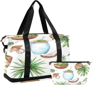 Summer Tropical Leaf Coconut Travel Duffel Bag Waterproof Gym Sport Tote Bag Carry On Weekender Bag with Compartment