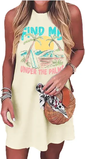 Sun Salt Sand Coconut Tree Sleeveless Mini Dress Women Casual Summer Beach Vacation Dress Workout Tank Dress
