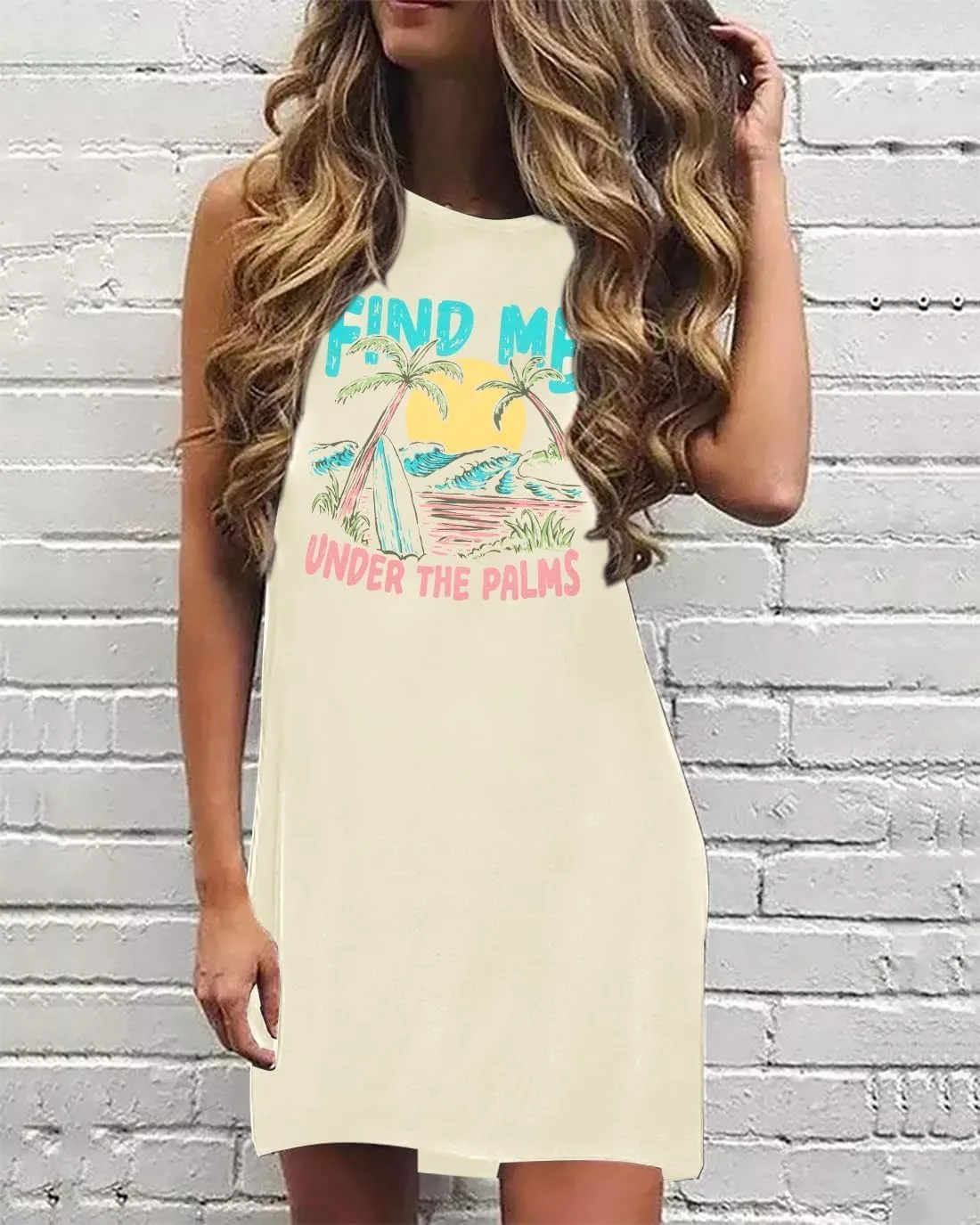 Sun Salt Sand Coconut Tree Sleeveless Mini Dress Women Casual Summer Beach Vacation Dress Workout Tank Dress