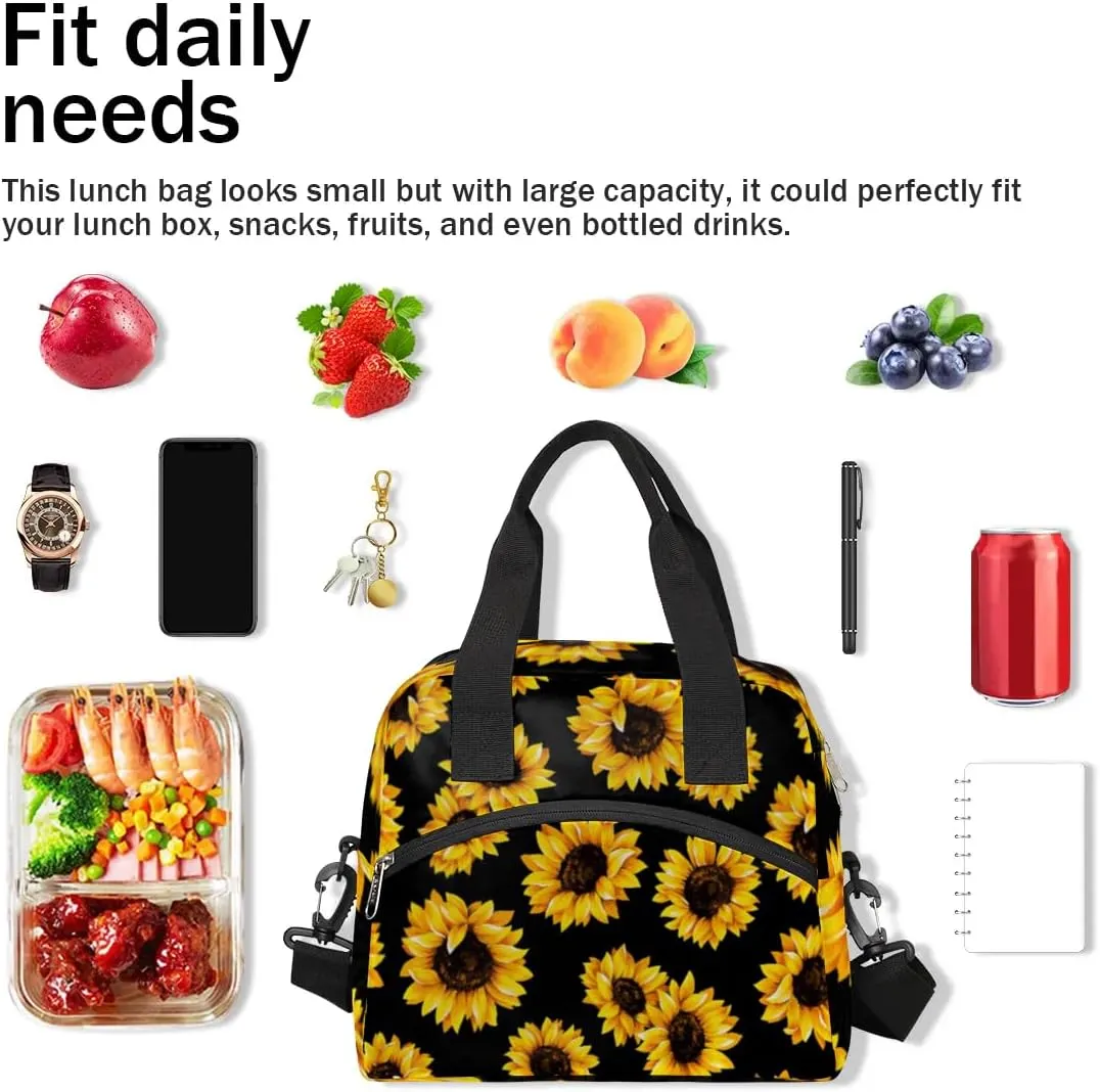 Sunflowers Flower Print Lunch Bag Women Lunch Box for Women Adult Men Reusable Cute Lunch Box Tote Cooler Bags Insulated Portable Lunch Containers for Work, Office, Travel, Picnic