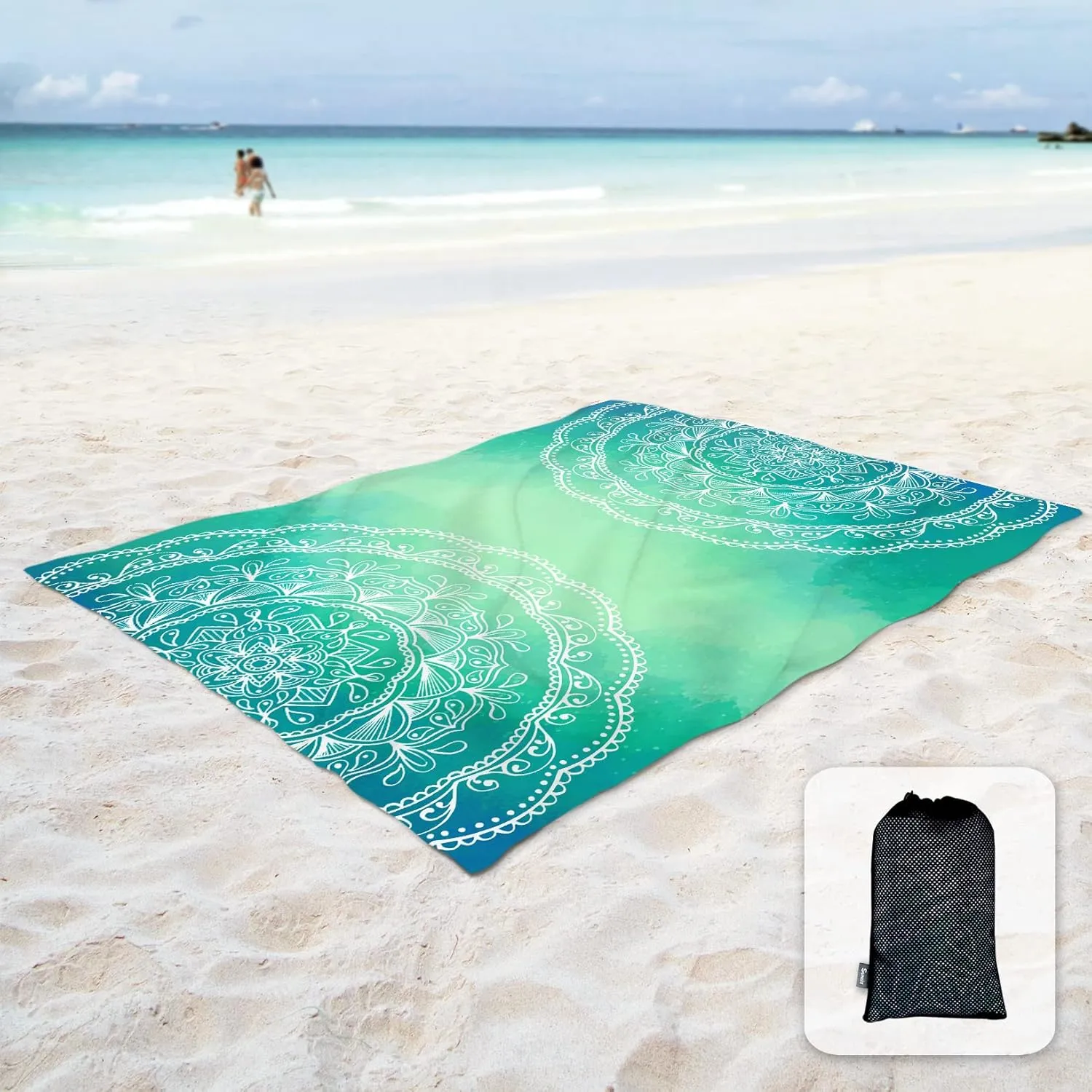 Sunlit Silky Soft Sand Proof Beach Blanket 106"x81" / 85"x72" Sand Proof Mat with Corner Pockets and Mesh Bag for Beach Party, Travel, Camping and Outdoor Music Festival, Mandala