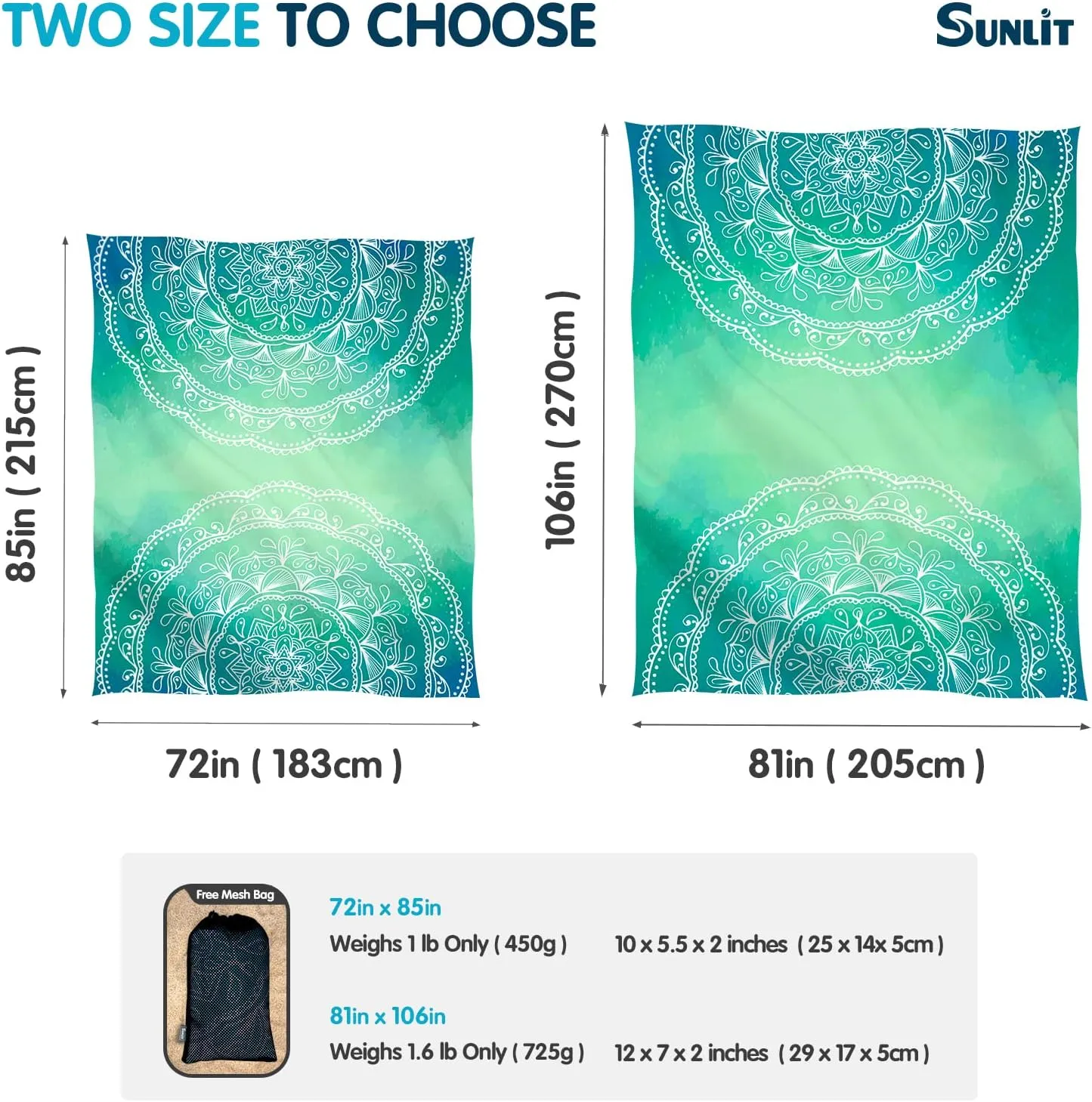 Sunlit Silky Soft Sand Proof Beach Blanket 106"x81" / 85"x72" Sand Proof Mat with Corner Pockets and Mesh Bag for Beach Party, Travel, Camping and Outdoor Music Festival, Mandala