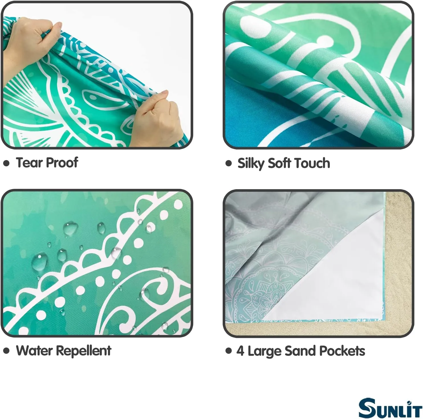 Sunlit Silky Soft Sand Proof Beach Blanket 106"x81" / 85"x72" Sand Proof Mat with Corner Pockets and Mesh Bag for Beach Party, Travel, Camping and Outdoor Music Festival, Mandala