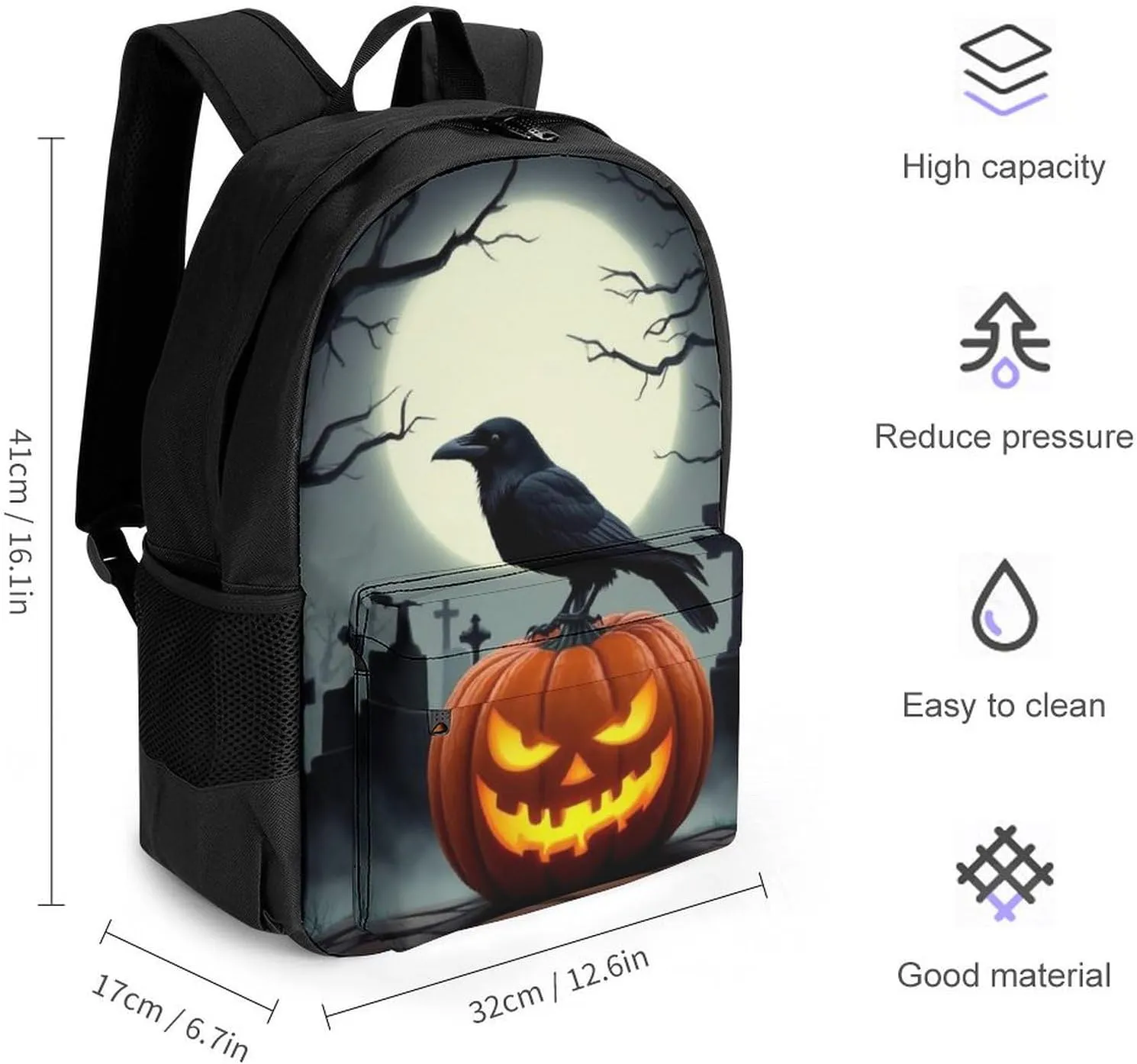 Supdreamc Polyester Daypack for Hiking Work Running - Big Capacity Anti-Theft Multipurpose Shoulder Bag, Halloween Full Moon Evil Pumpkin Raven Pattern Travel and Sport Backpack Rucksack