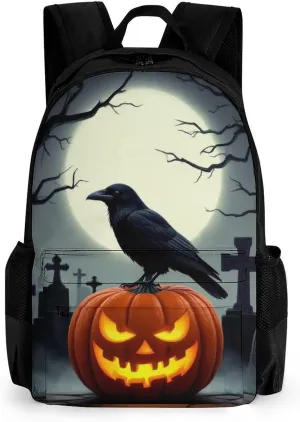 Supdreamc Polyester Daypack for Hiking Work Running - Big Capacity Anti-Theft Multipurpose Shoulder Bag, Halloween Full Moon Evil Pumpkin Raven Pattern Travel and Sport Backpack Rucksack