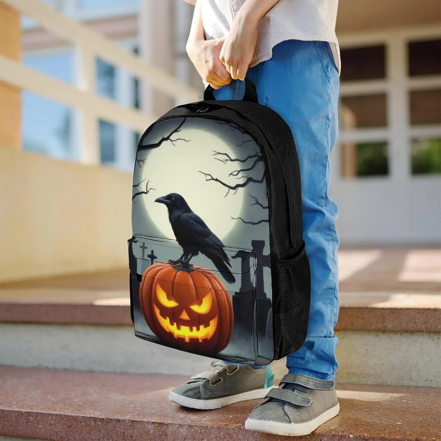 Supdreamc Polyester Daypack for Hiking Work Running - Big Capacity Anti-Theft Multipurpose Shoulder Bag, Halloween Full Moon Evil Pumpkin Raven Pattern Travel and Sport Backpack Rucksack
