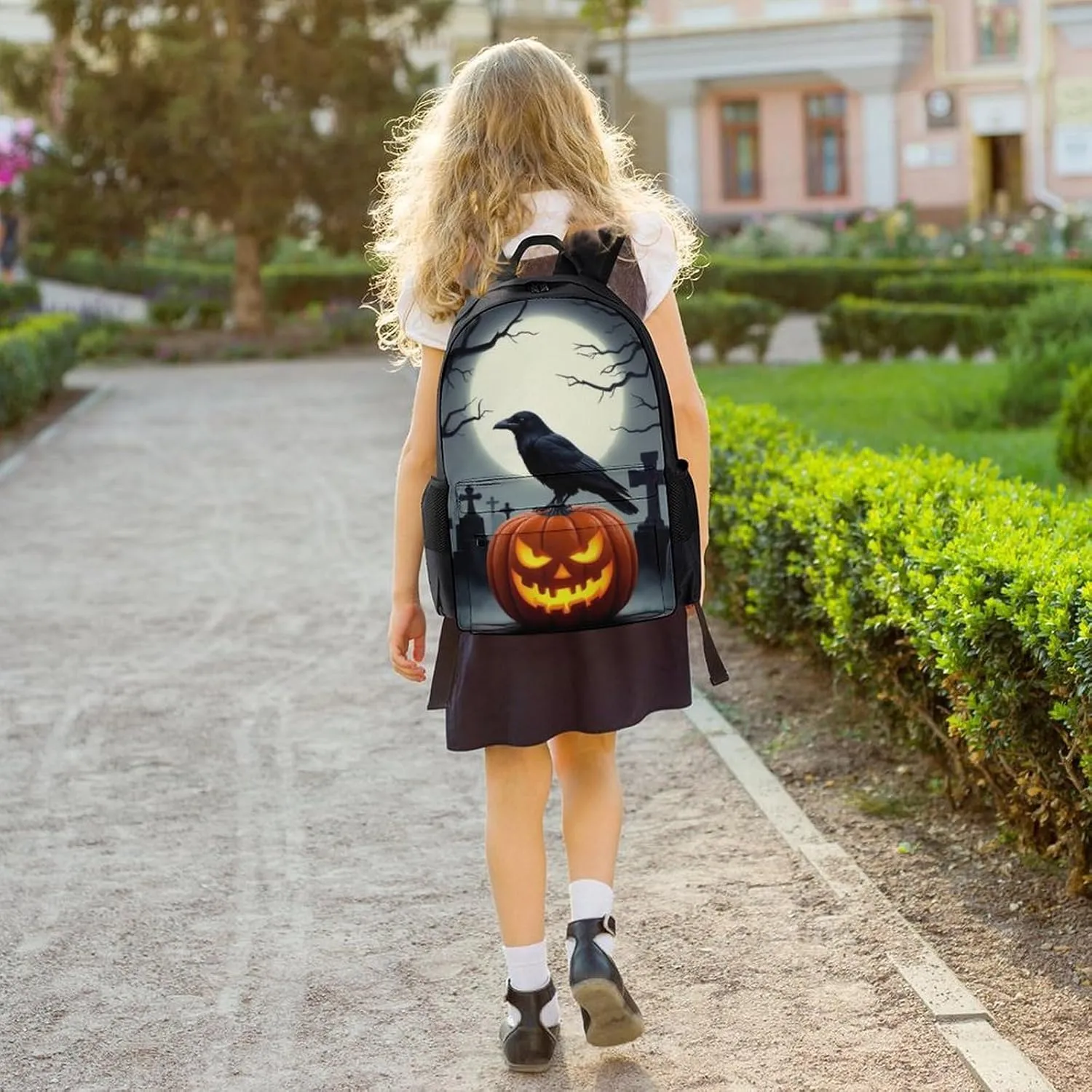 Supdreamc Polyester Daypack for Hiking Work Running - Big Capacity Anti-Theft Multipurpose Shoulder Bag, Halloween Full Moon Evil Pumpkin Raven Pattern Travel and Sport Backpack Rucksack