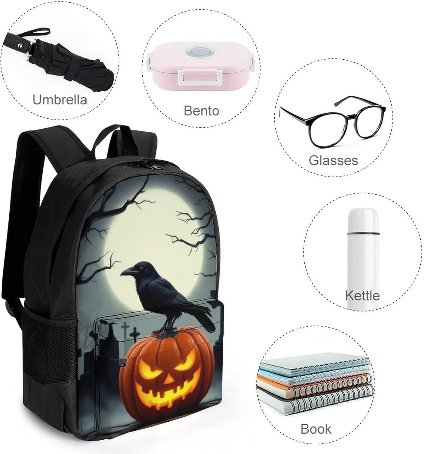 Supdreamc Polyester Daypack for Hiking Work Running - Big Capacity Anti-Theft Multipurpose Shoulder Bag, Halloween Full Moon Evil Pumpkin Raven Pattern Travel and Sport Backpack Rucksack