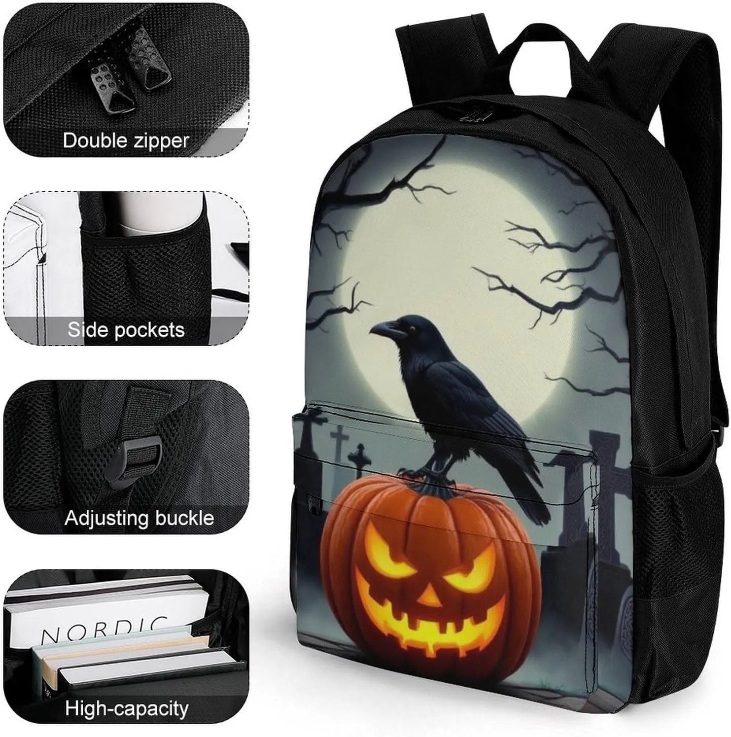Supdreamc Polyester Daypack for Hiking Work Running - Big Capacity Anti-Theft Multipurpose Shoulder Bag, Halloween Full Moon Evil Pumpkin Raven Pattern Travel and Sport Backpack Rucksack