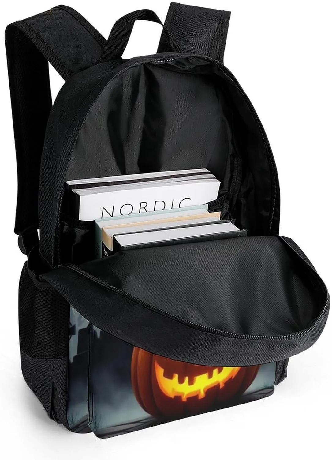 Supdreamc Polyester Daypack for Hiking Work Running - Big Capacity Anti-Theft Multipurpose Shoulder Bag, Halloween Full Moon Evil Pumpkin Raven Pattern Travel and Sport Backpack Rucksack