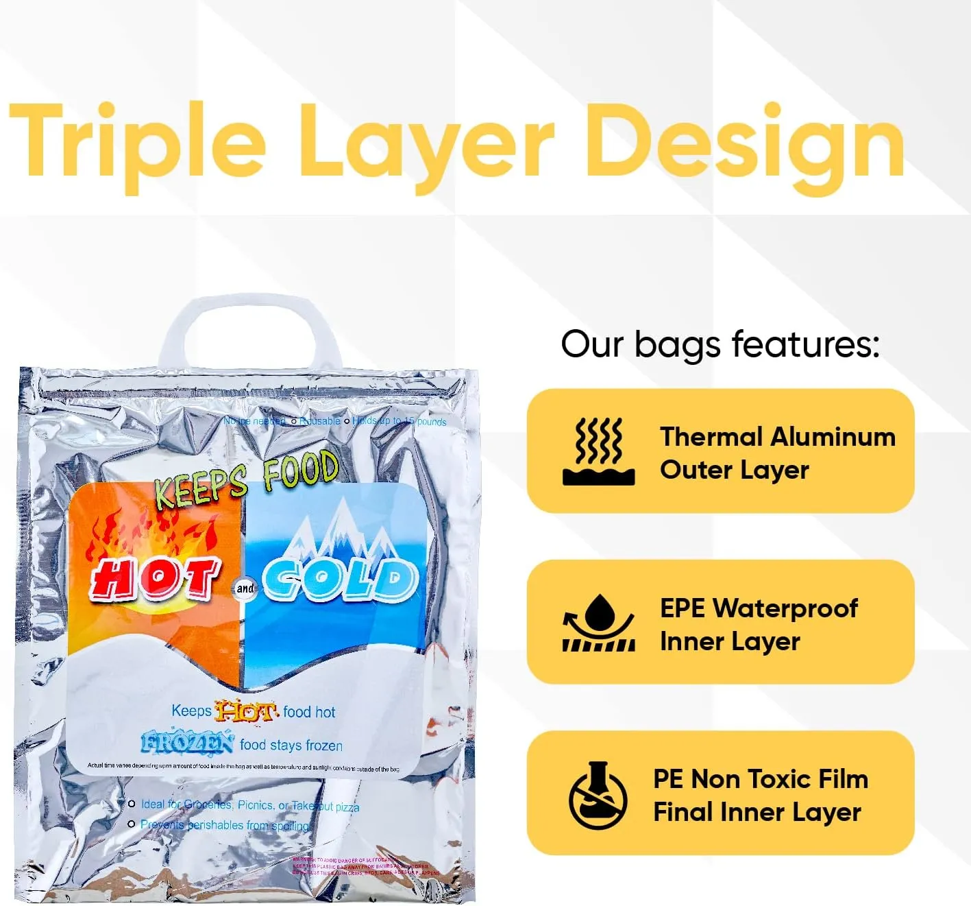 Superio Hot and Cold Insulated Bags for Food Delivery, Grocery Shopping Bags, Food Storage for Hot and Frozen Food for Travel, Disposable Cooler Bag, Reinforced Thermal Lunch Bag (5, 13"x7"x15.5")
