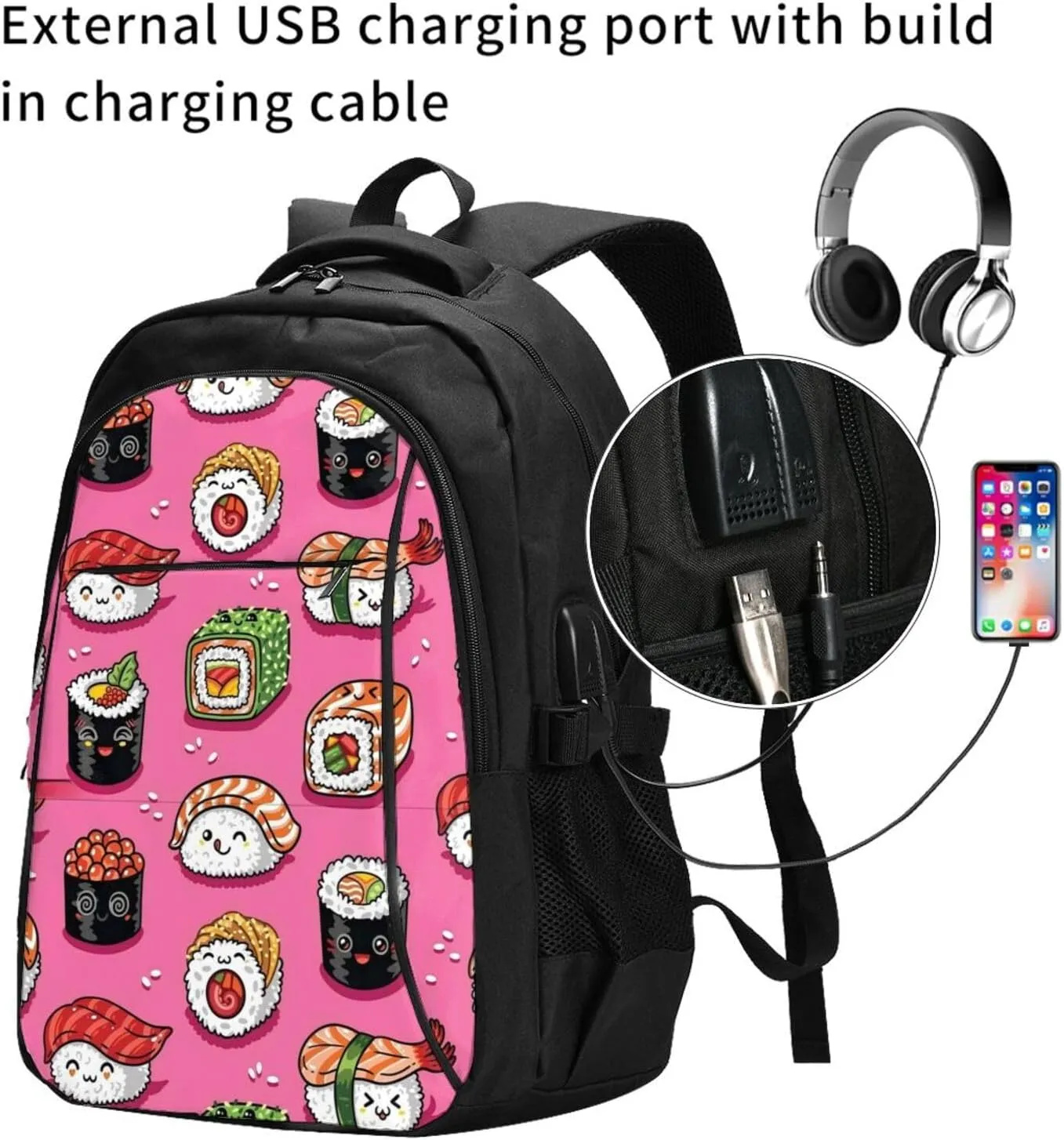 Sushi Travel Laptop Backpack,18 Inch Carry on Backpack for Men Women with USB Port, Work Computer Backpack