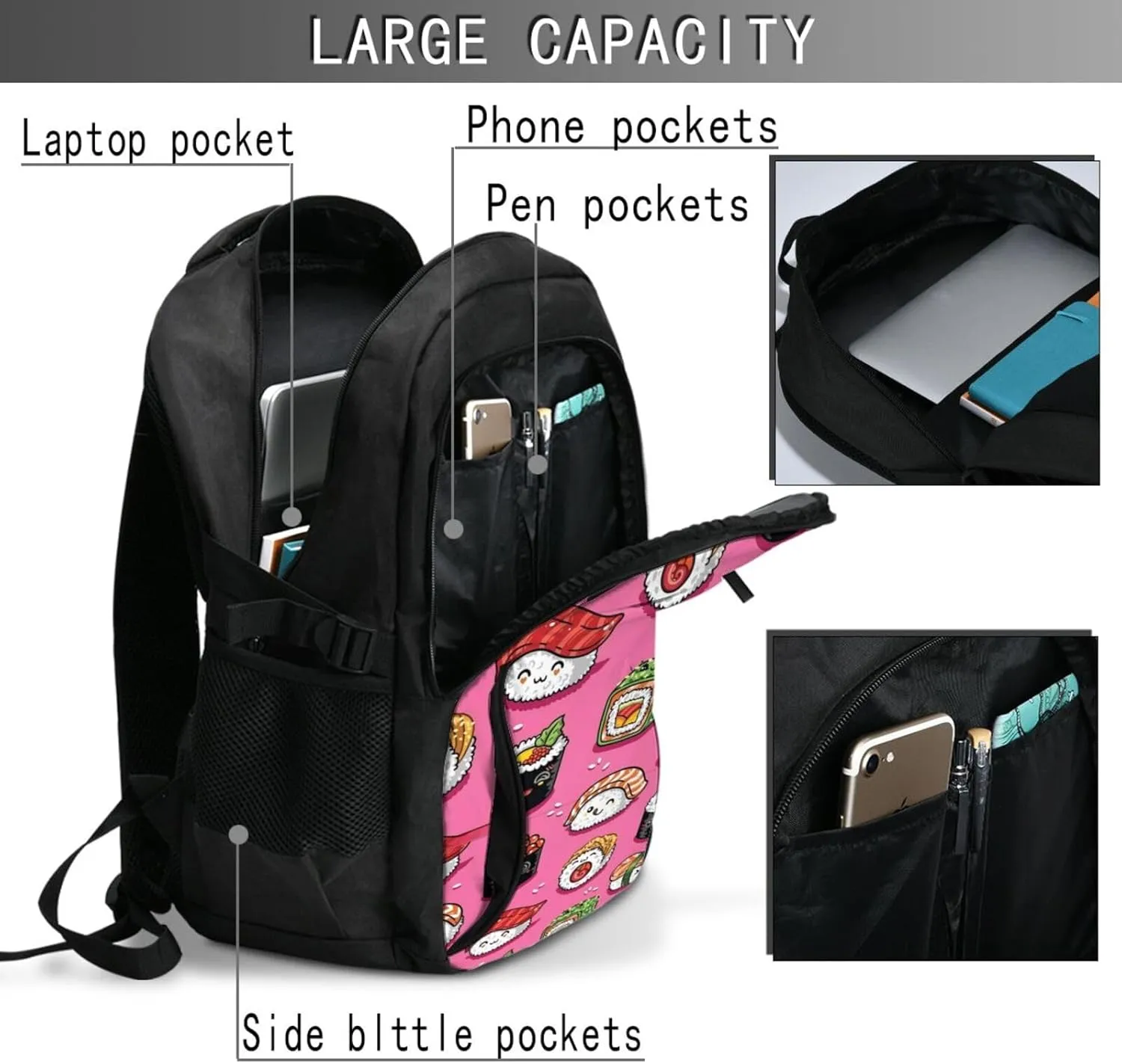 Sushi Travel Laptop Backpack,18 Inch Carry on Backpack for Men Women with USB Port, Work Computer Backpack