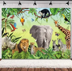 SVBright Tropical Jungle Rainforest Backdrop 7Wx5H Safari Animal Wildlife Elephant Lion Woodland Palm Leaf Plant for Kid Boy Birthday Party Decorations Photography Background Banner Photo Booth Studio