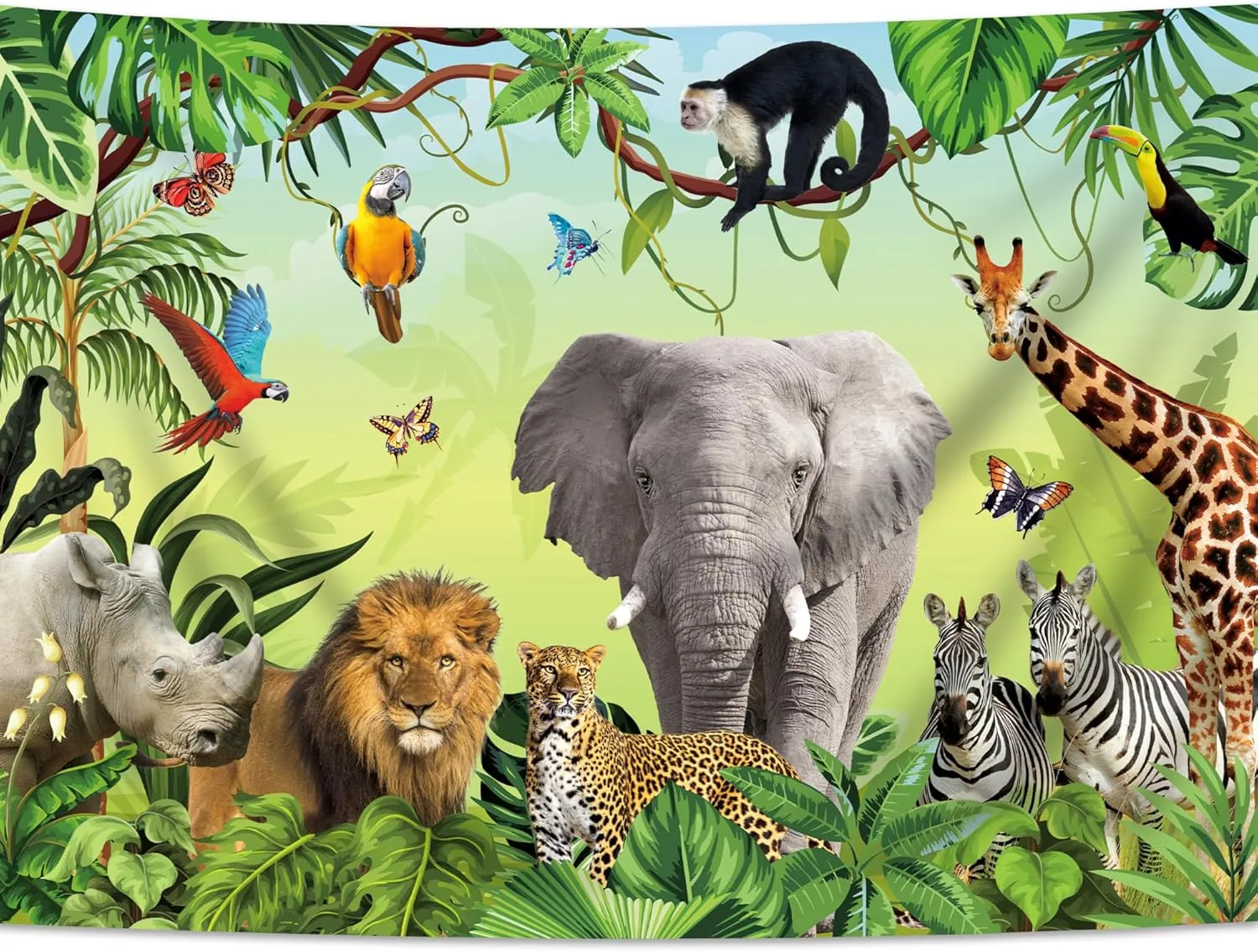 SVBright Tropical Jungle Rainforest Backdrop 7Wx5H Safari Animal Wildlife Elephant Lion Woodland Palm Leaf Plant for Kid Boy Birthday Party Decorations Photography Background Banner Photo Booth Studio