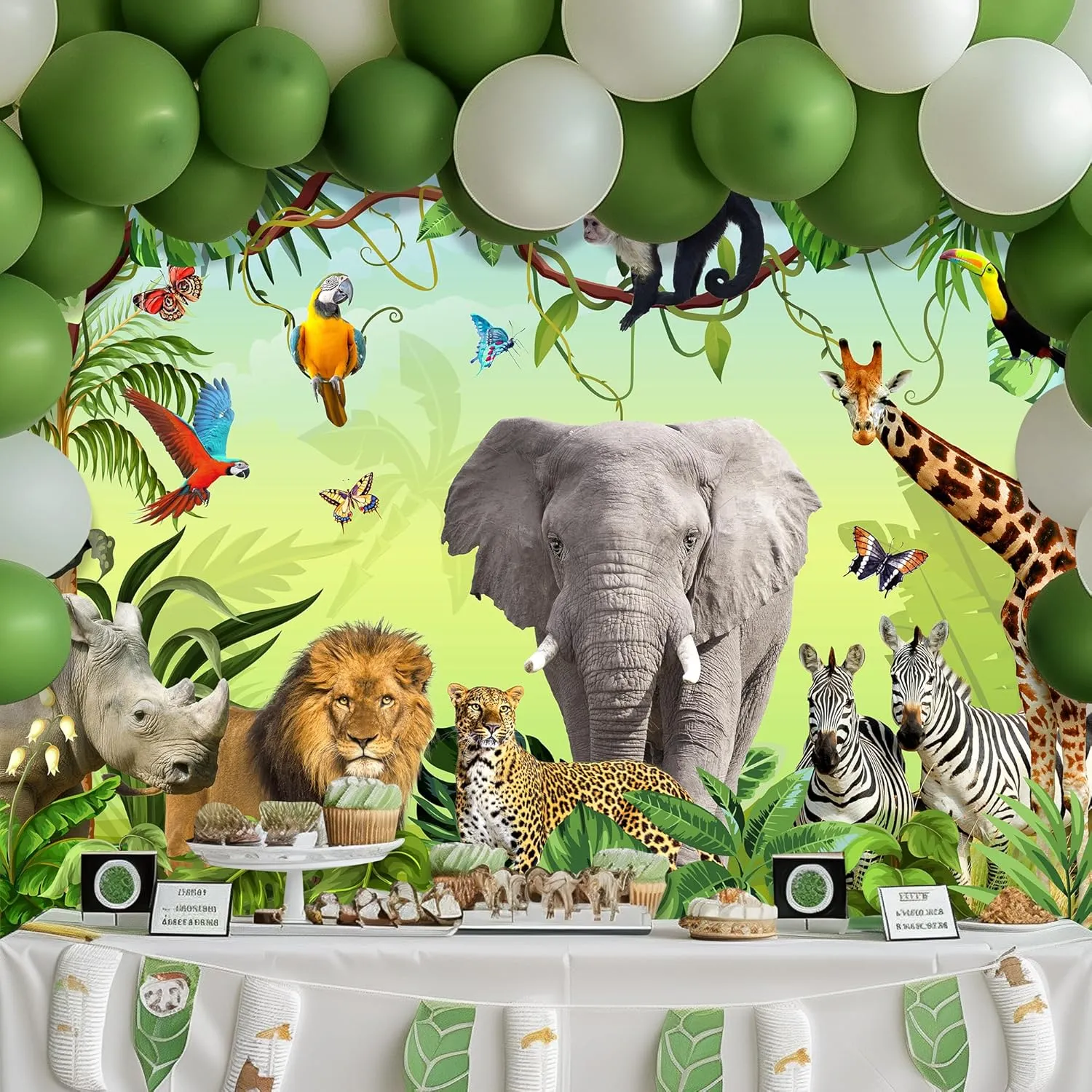 SVBright Tropical Jungle Rainforest Backdrop 7Wx5H Safari Animal Wildlife Elephant Lion Woodland Palm Leaf Plant for Kid Boy Birthday Party Decorations Photography Background Banner Photo Booth Studio
