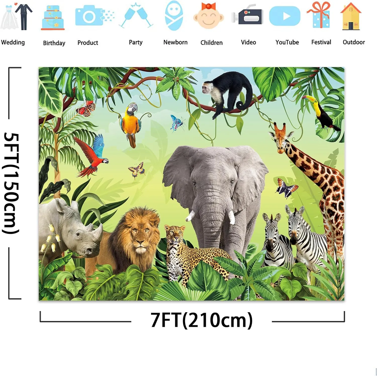 SVBright Tropical Jungle Rainforest Backdrop 7Wx5H Safari Animal Wildlife Elephant Lion Woodland Palm Leaf Plant for Kid Boy Birthday Party Decorations Photography Background Banner Photo Booth Studio