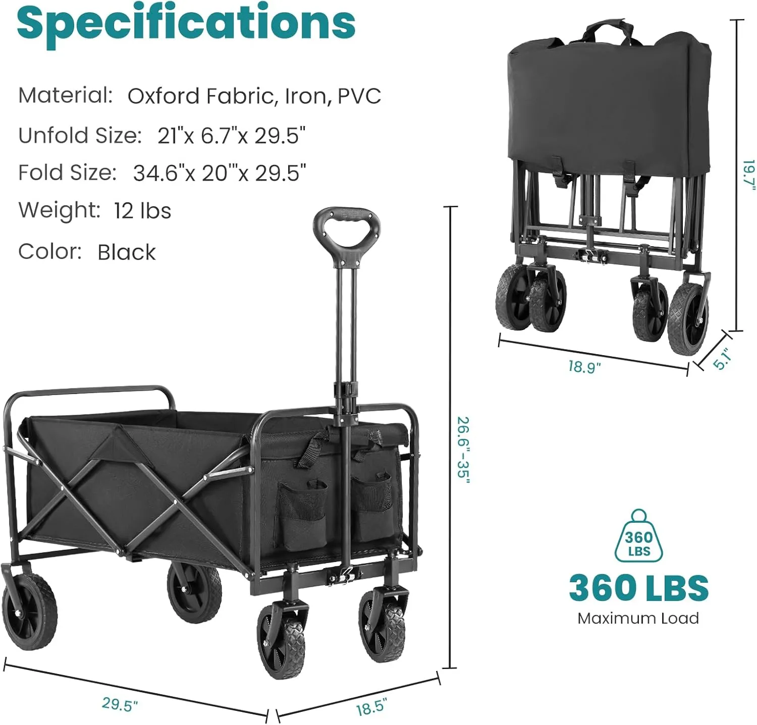 Sweetcrispy Collapsible Foldable Wagon Cart, Large Capacity Garden Beach Cart with All-Terrain Wheels, Heavy Duty Utility Grocery Wagon with Drink Holders for Shopping Sports Camping, Large Black