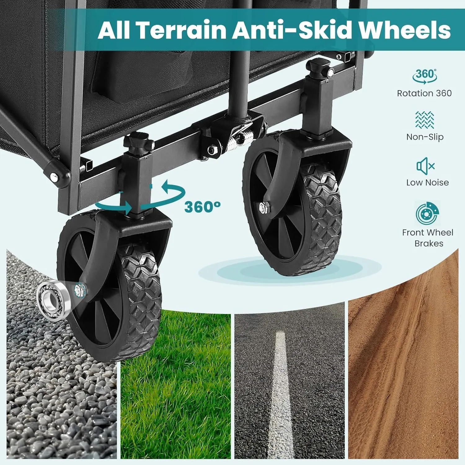 Sweetcrispy Collapsible Foldable Wagon Cart, Large Capacity Garden Beach Cart with All-Terrain Wheels, Heavy Duty Utility Grocery Wagon with Drink Holders for Shopping Sports Camping, Large Black