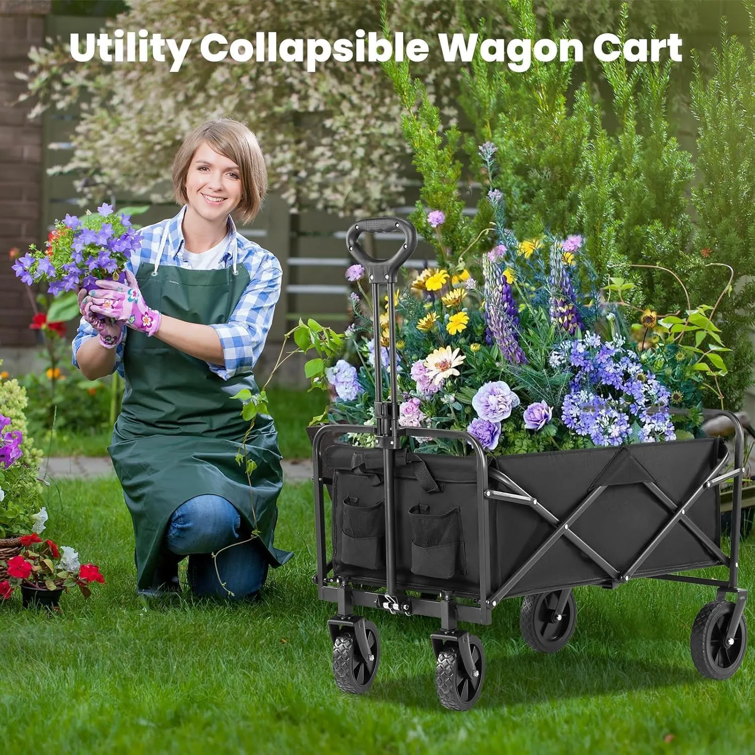 Sweetcrispy Collapsible Foldable Wagon Cart, Large Capacity Garden Beach Cart with All-Terrain Wheels, Heavy Duty Utility Grocery Wagon with Drink Holders for Shopping Sports Camping, Large Black