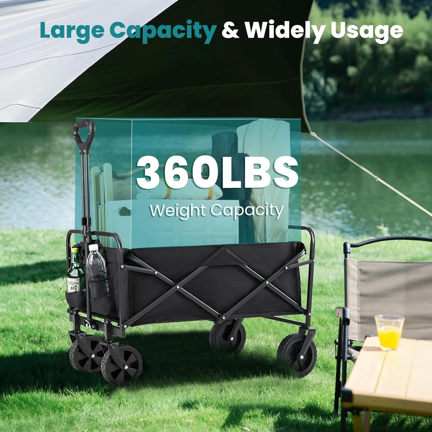 Sweetcrispy Collapsible Foldable Wagon Cart, Large Capacity Garden Beach Cart with All-Terrain Wheels, Heavy Duty Utility Grocery Wagon with Drink Holders for Shopping Sports Camping, Large Black