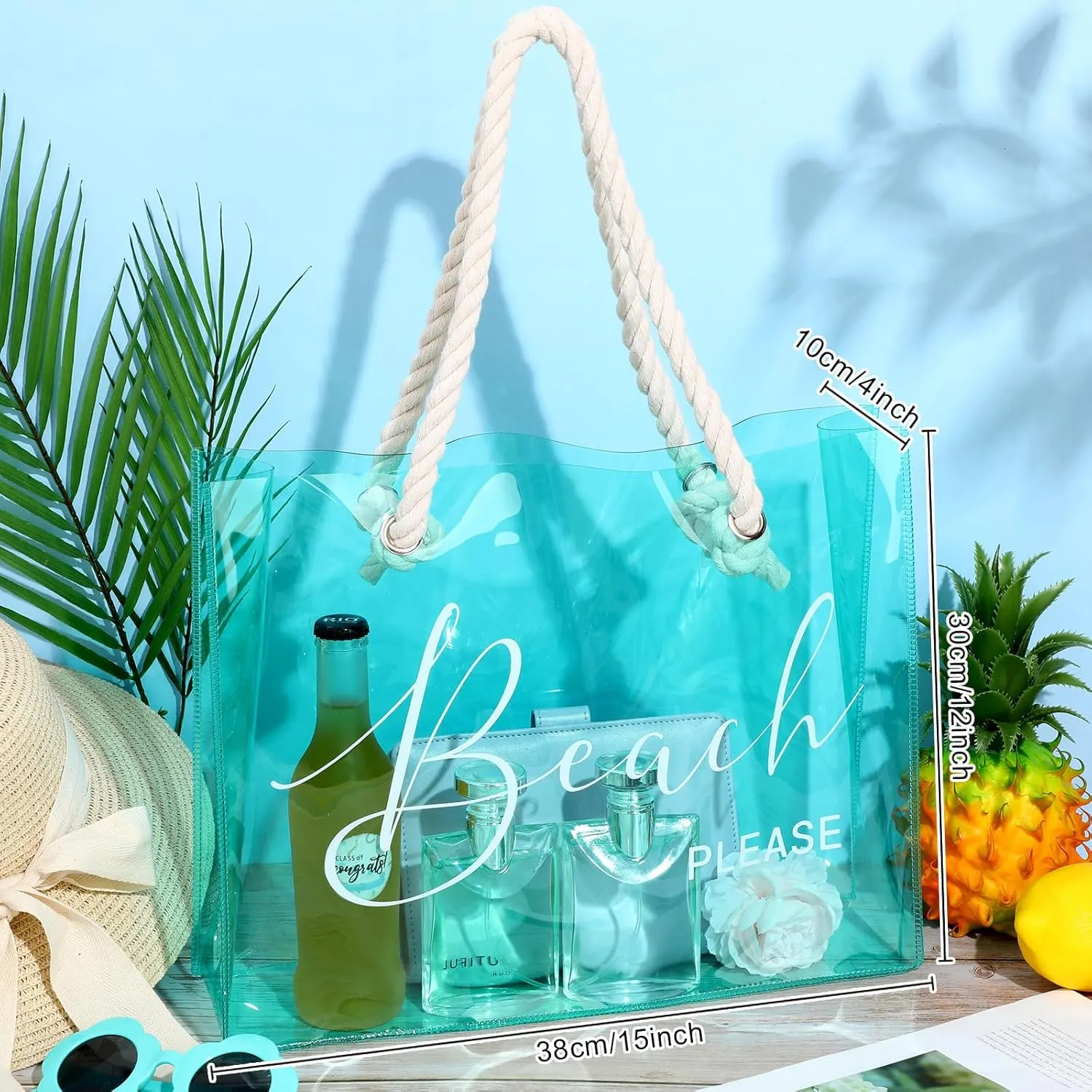 Sweetude Clear Beach Tote Bag Transparent Plastic PVC Women's Large Tote Waterproof Stadium Bags for Girl Summer Pool Party(Green)