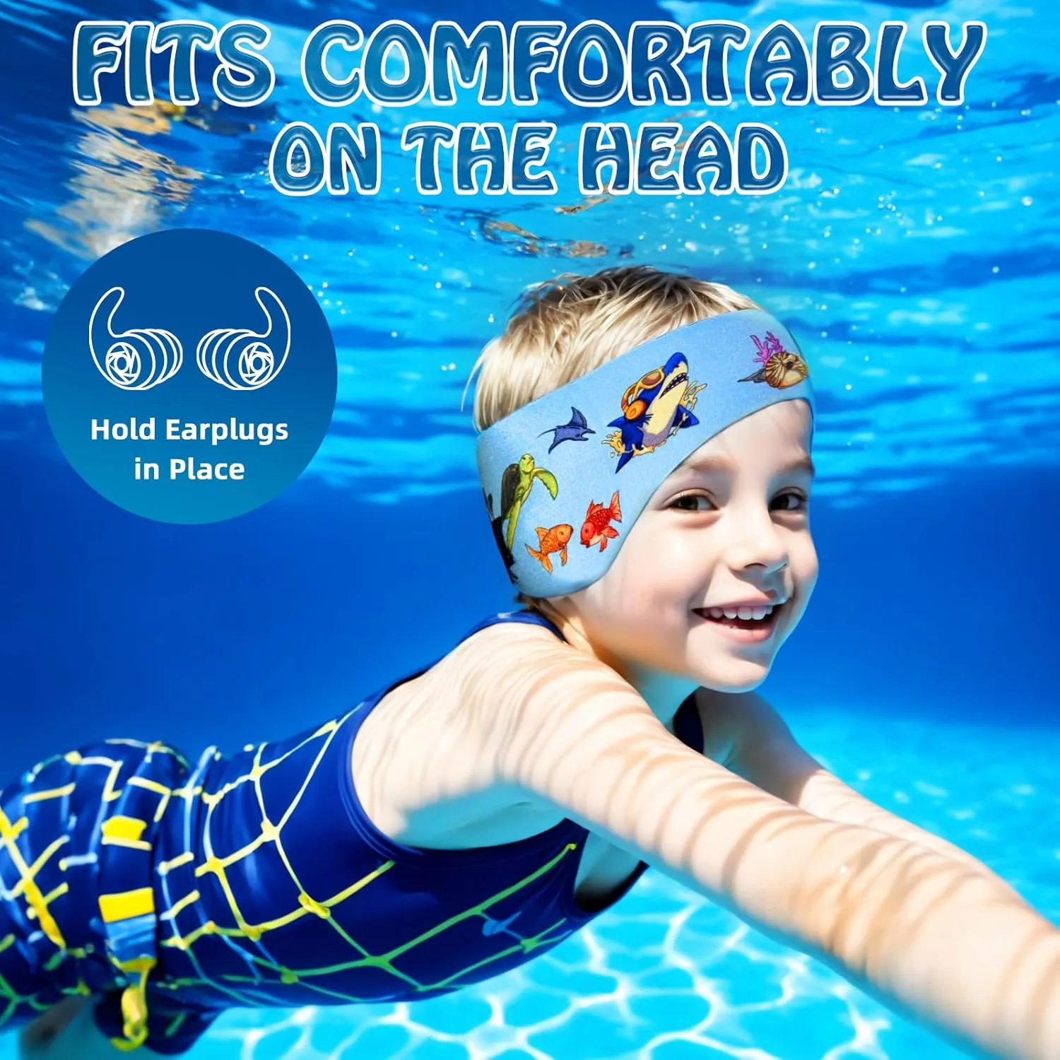 Swimming Headband for Kids - 2 Pairs Waterproof Ear Plugs & Adjustable Swim Ear Band,Keep Water Out and Hold Earplugs in - Water Headband for Surfing, Diving, Pool, Showering, and Beach