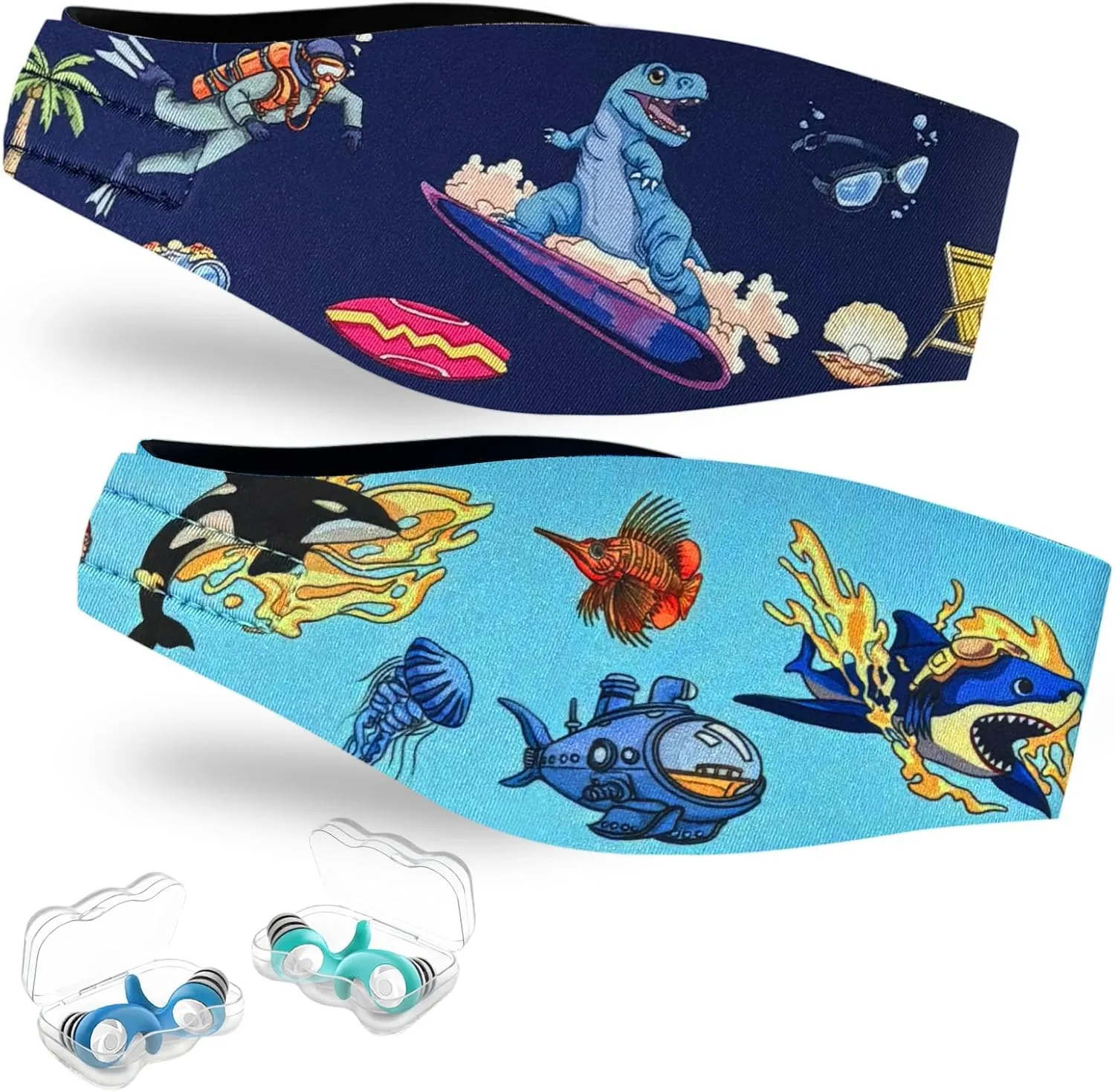 Swimming Headband for Kids - 2 Pairs Waterproof Ear Plugs & Adjustable Swim Ear Band,Keep Water Out and Hold Earplugs in - Water Headband for Surfing, Diving, Pool, Showering, and Beach