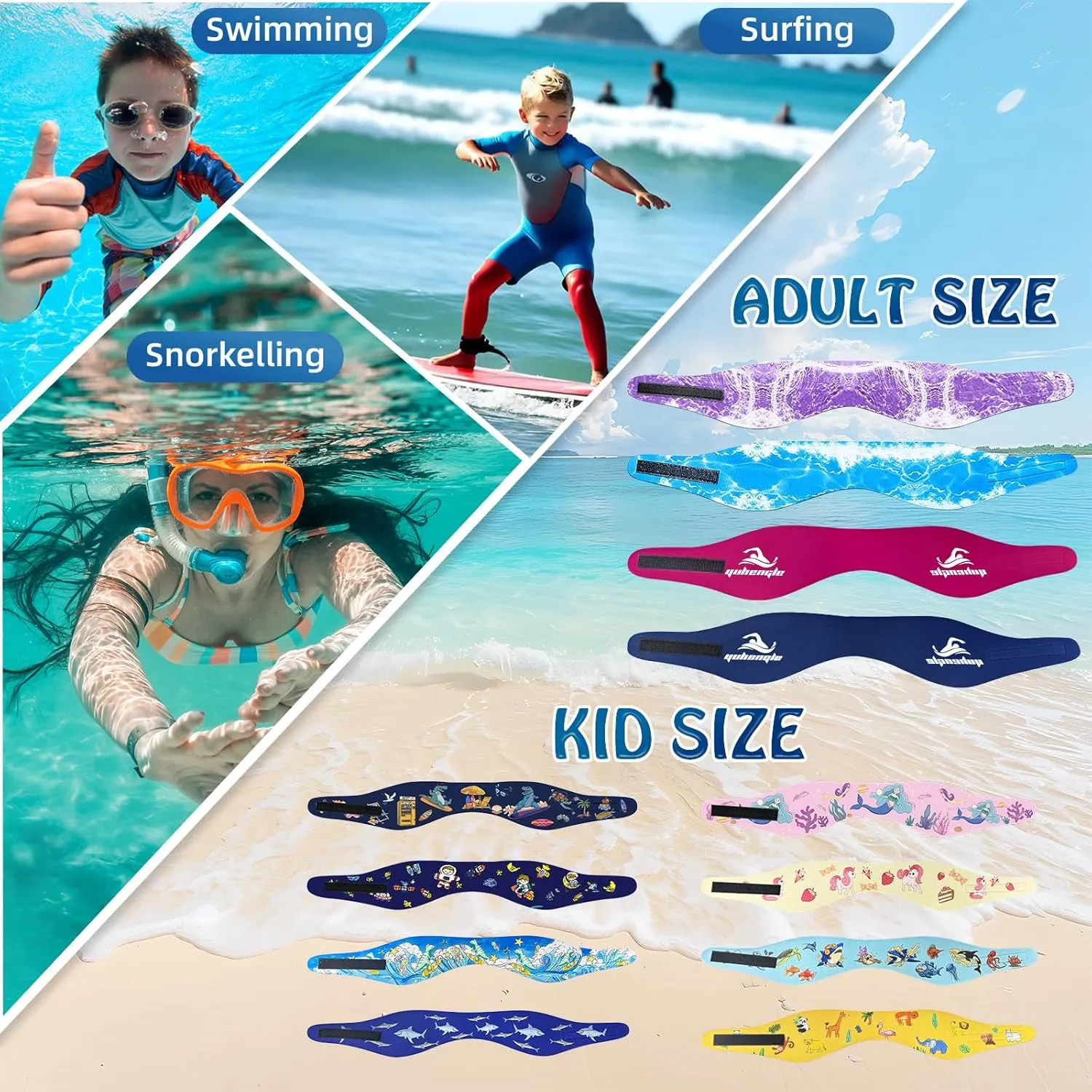 Swimming Headband for Kids - 2 Pairs Waterproof Ear Plugs & Adjustable Swim Ear Band,Keep Water Out and Hold Earplugs in - Water Headband for Surfing, Diving, Pool, Showering, and Beach