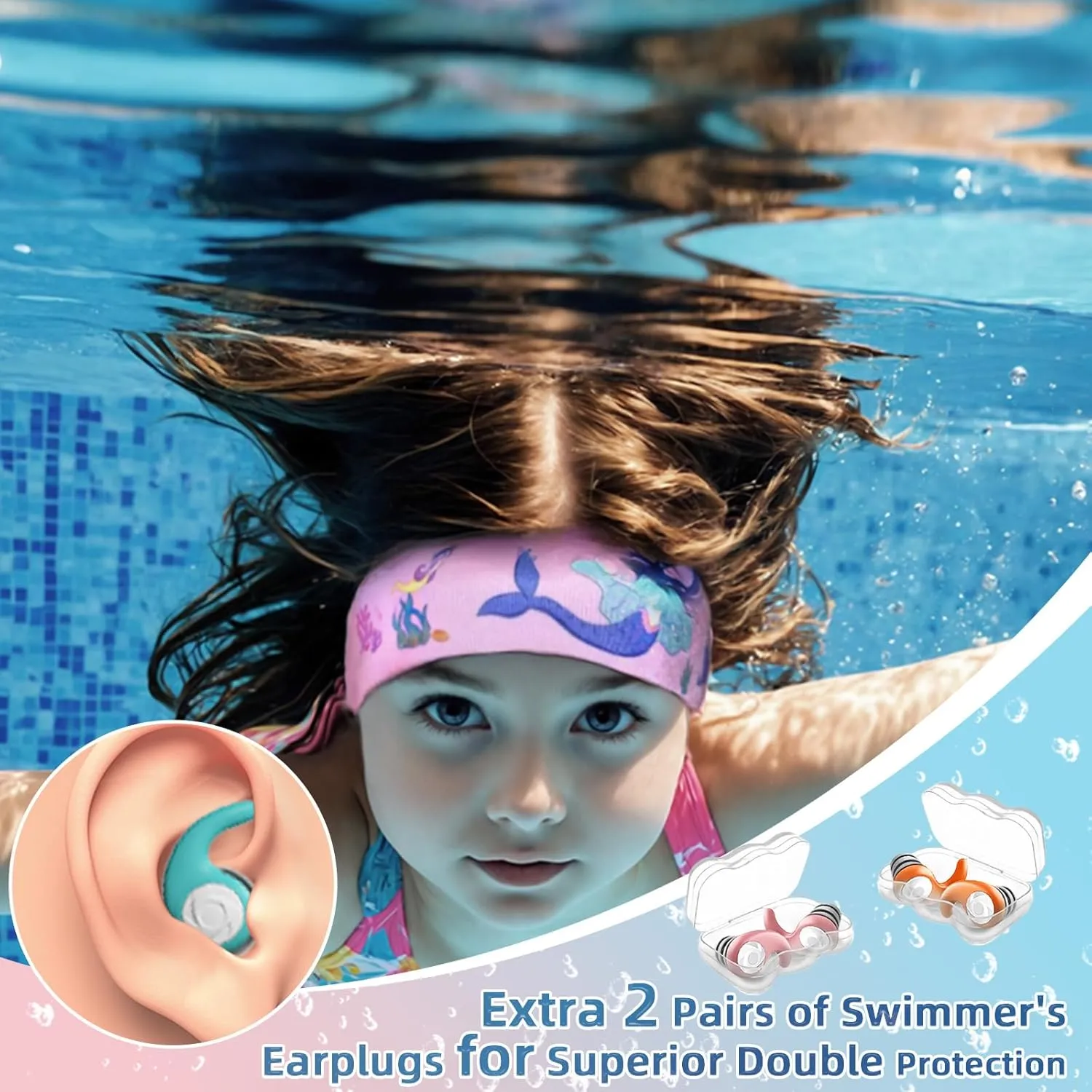 Swimming Headband for Kids - 2 Pairs Waterproof Ear Plugs & Adjustable Swim Ear Band,Keep Water Out and Hold Earplugs in - Water Headband for Surfing, Diving, Pool, Showering, and Beach
