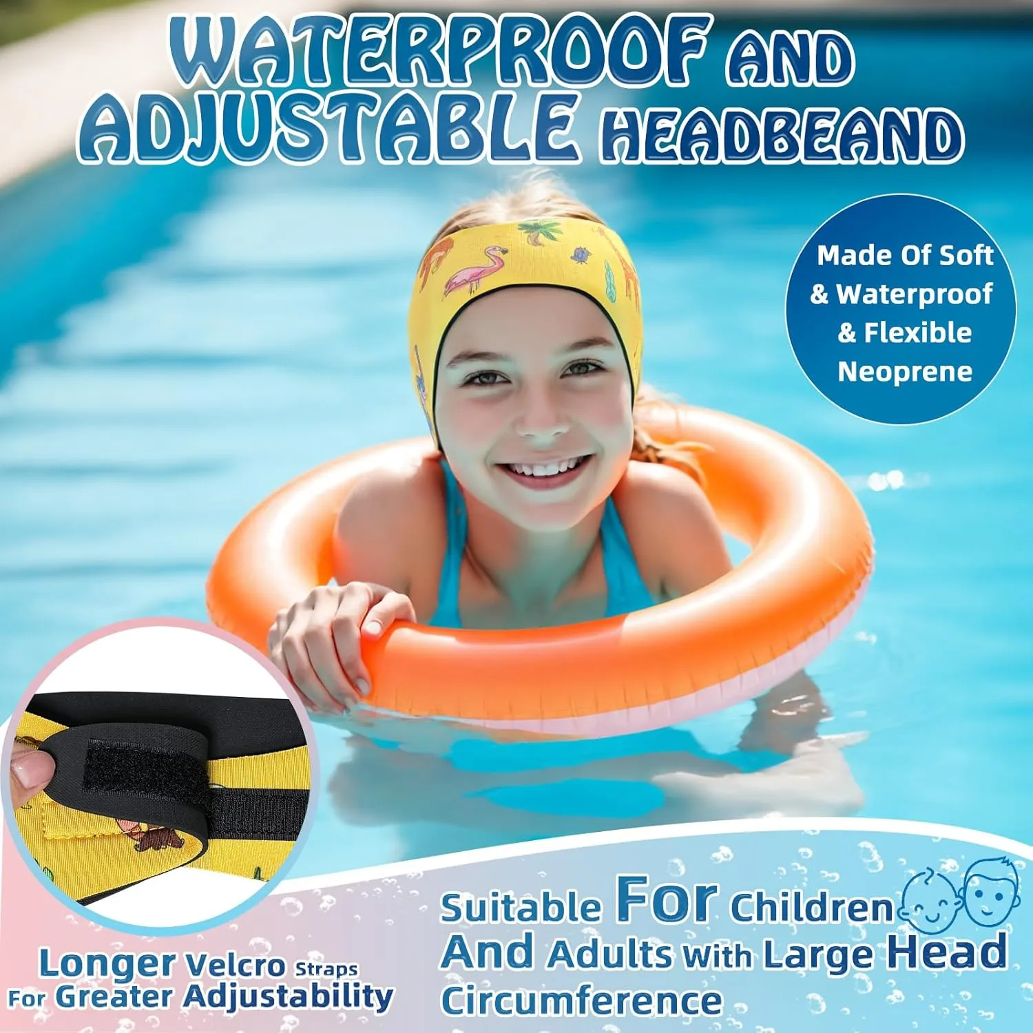 Swimming Headband for Kids - 2 Pairs Waterproof Ear Plugs & Adjustable Swim Ear Band,Keep Water Out and Hold Earplugs in - Water Headband for Surfing, Diving, Pool, Showering, and Beach