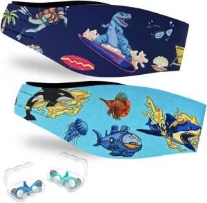 Swimming Headband for Kids - 2 Pairs Waterproof Ear Plugs & Adjustable Swim Ear Band,Keep Water Out and Hold Earplugs in - Water Headband for Surfing, Diving, Pool, Showering, and Beach