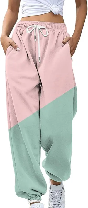 Teen Girls Cute Sweatpants Two Tone Drawstring Elastic Waist Cinch Bottom Joggers Lounge Slacks Womens Loose Soft Activewear