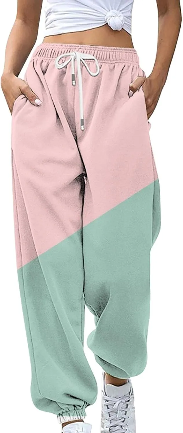 Teen Girls Cute Sweatpants Two Tone Drawstring Elastic Waist Cinch Bottom Joggers Lounge Slacks Womens Loose Soft Activewear