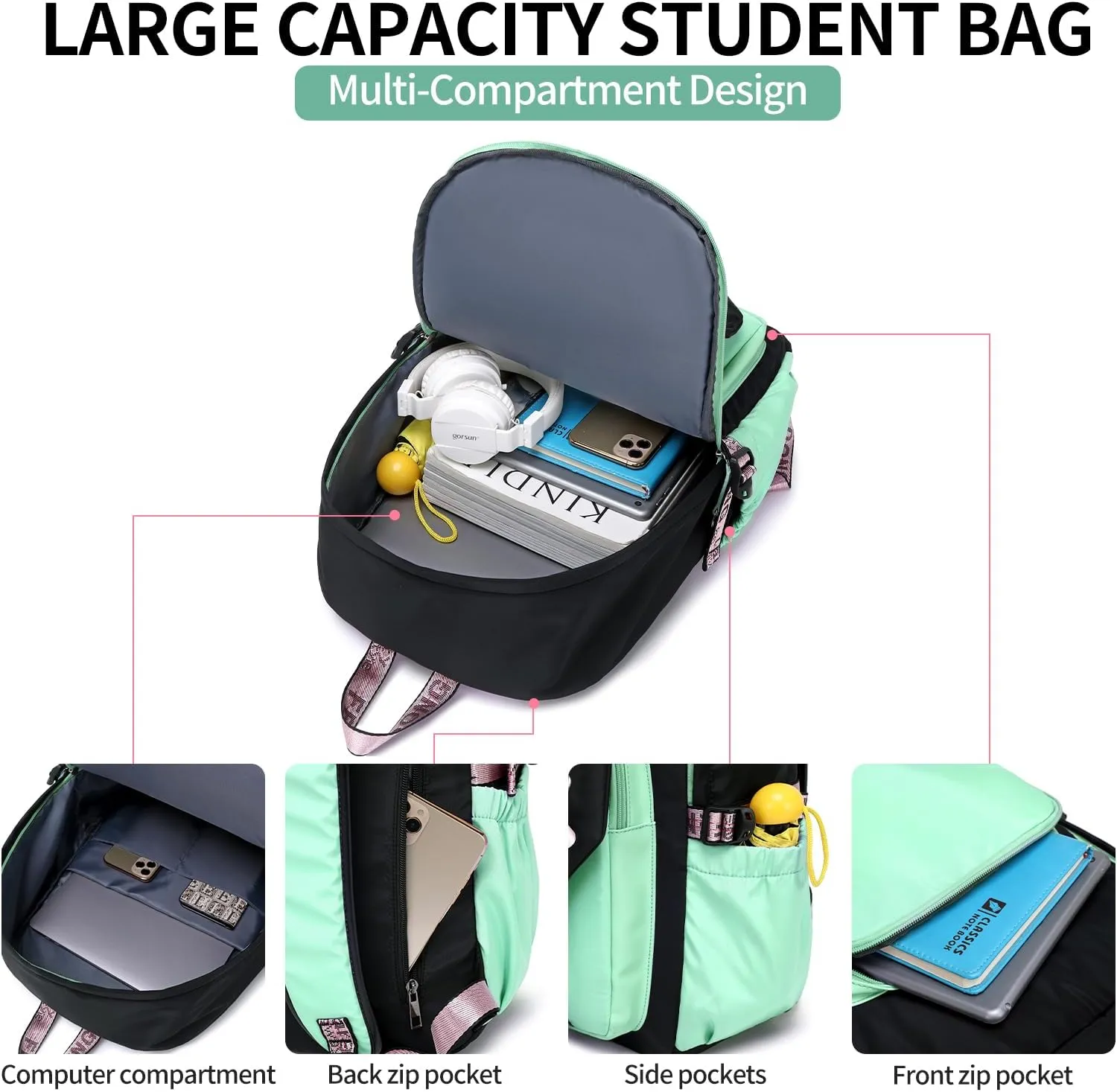 Teenage Girls Bookbag school Backpack Children Casual Daypack Schoolbag for Teens Green