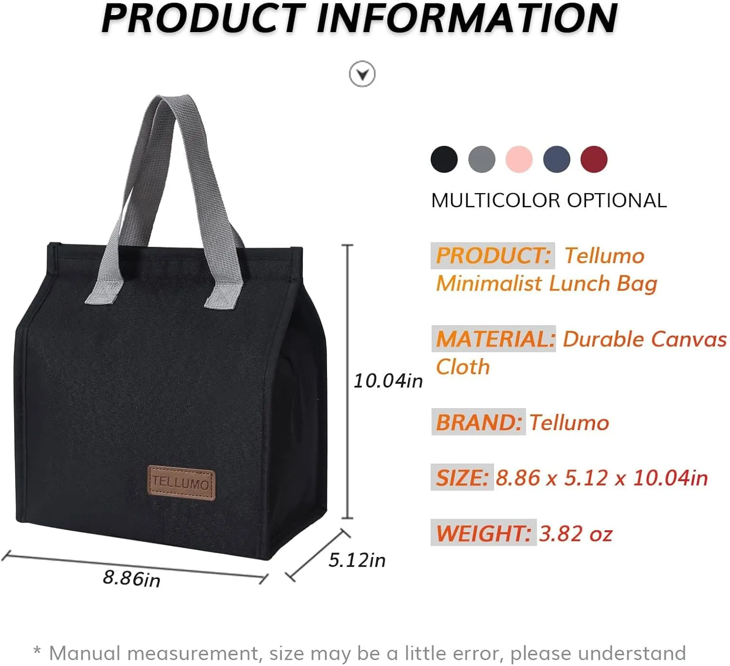 TELLUMO Lunch bag, Insulated Lunch Bag for Women Men Large Lunch Box Container Reusable Leakproof Tote for Office, Work, School, Beach or Travel (Dark)