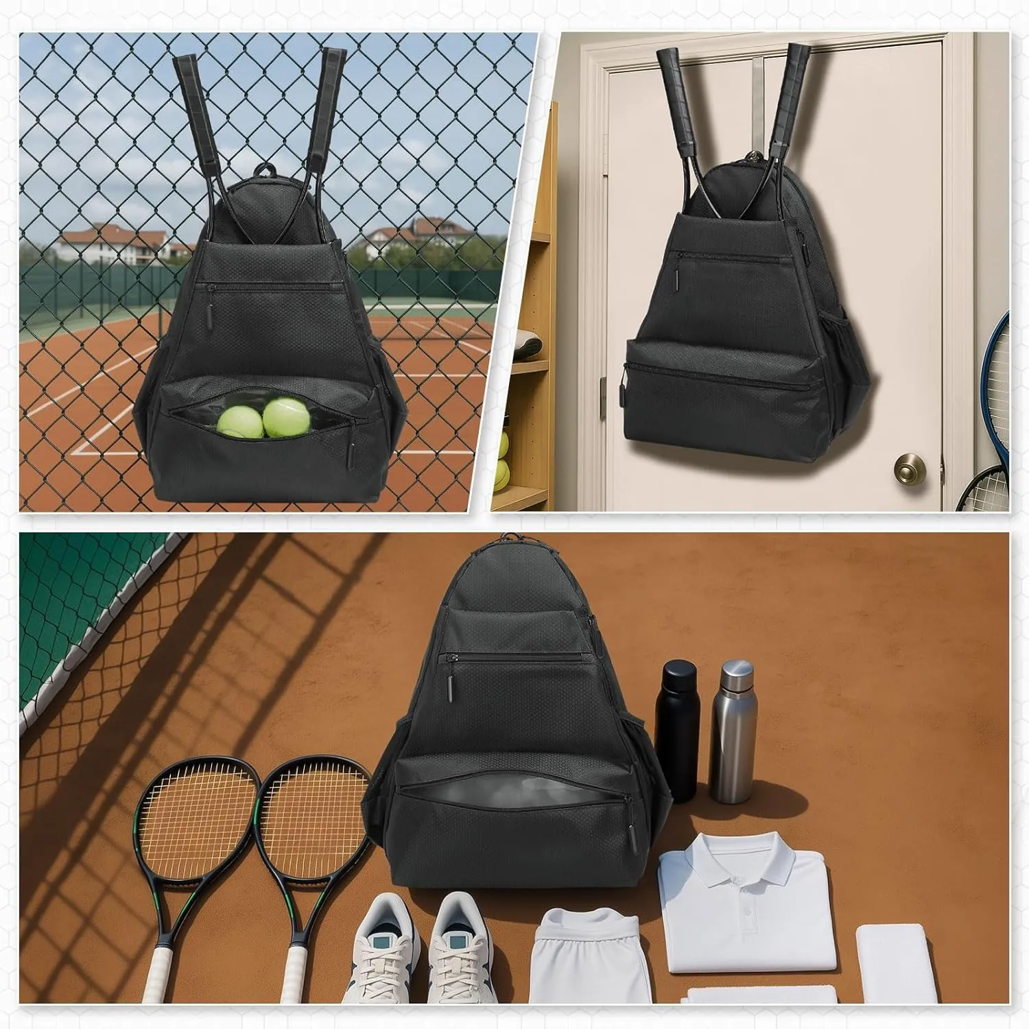 Tennis Backpack for Rackets, Waterproof Tennis Bag with Shoe Compartment, Wet/Dry Pocket, Fence Hook, for Tennis, Pickleball, Badminton