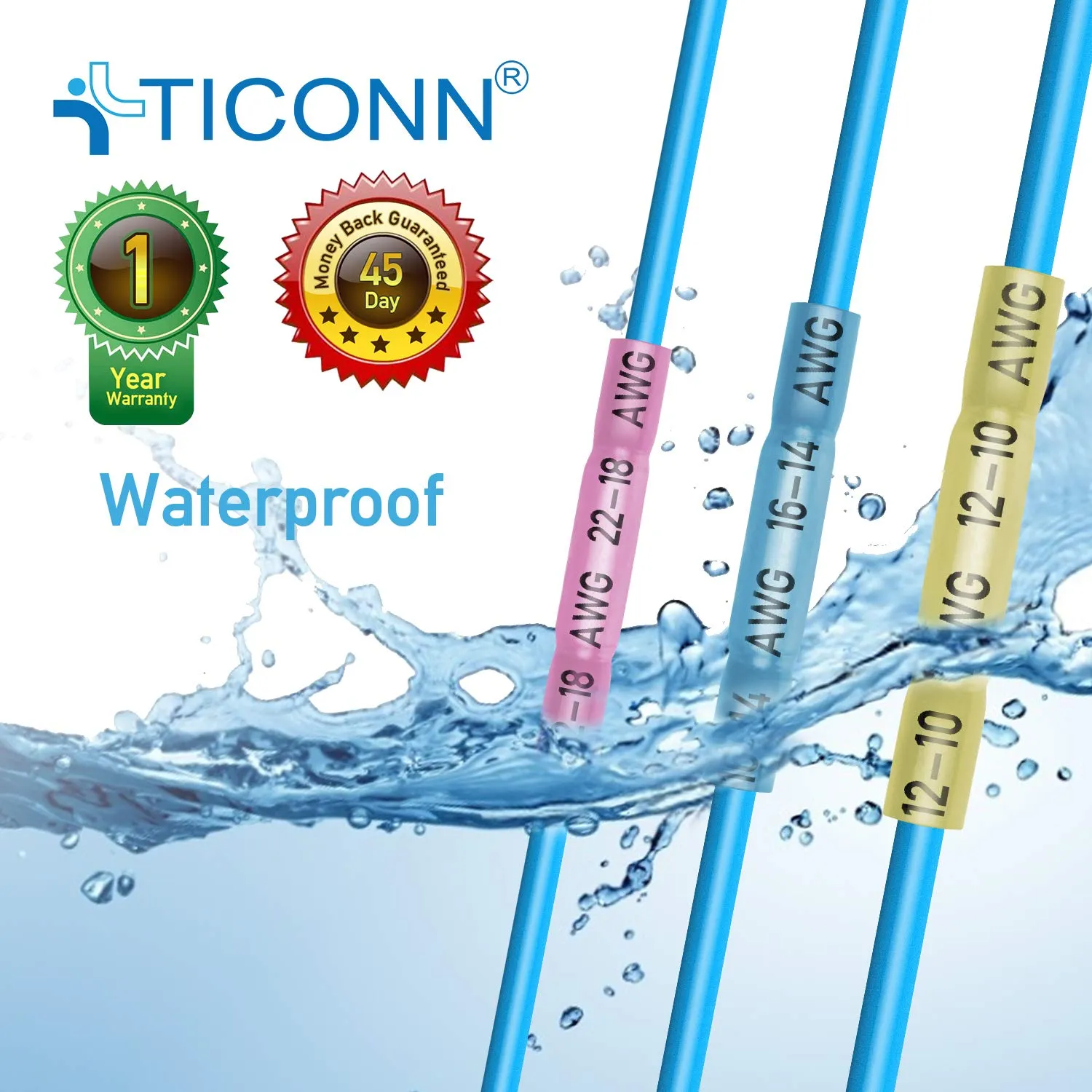 TICONN 200PCS Heat Shrink Butt Wire Connector Kit, Insulated Waterproof Electrical Wire Crimp Terminals Butt Splice for Marine Automotive (200PCS)