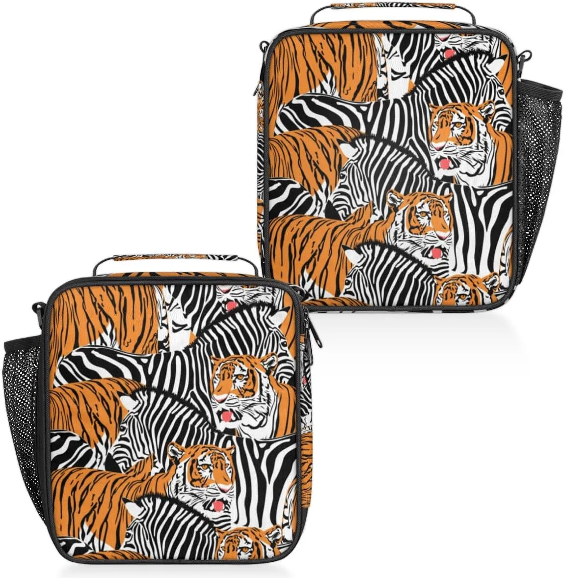 Tiger And Zebra Insulated Lunch Bag Reusable Waterproofing Lunch Box with Shoulder Strap Handle and Water Bottle Net Bag for Travel Camping Beach Picnic